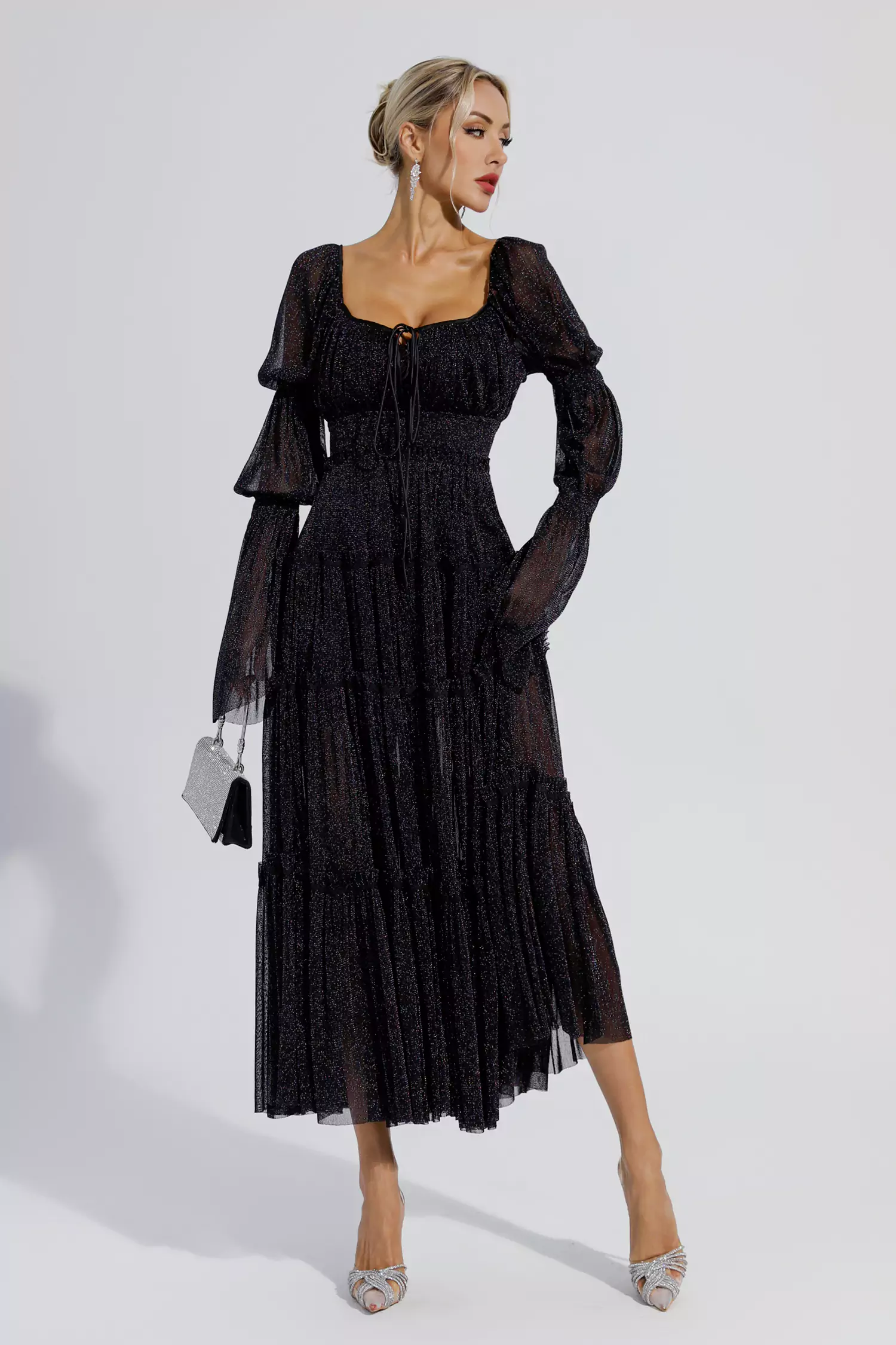 Yaretzi Black Sequin Long Sleeve Maxi Dress-CATCHALL