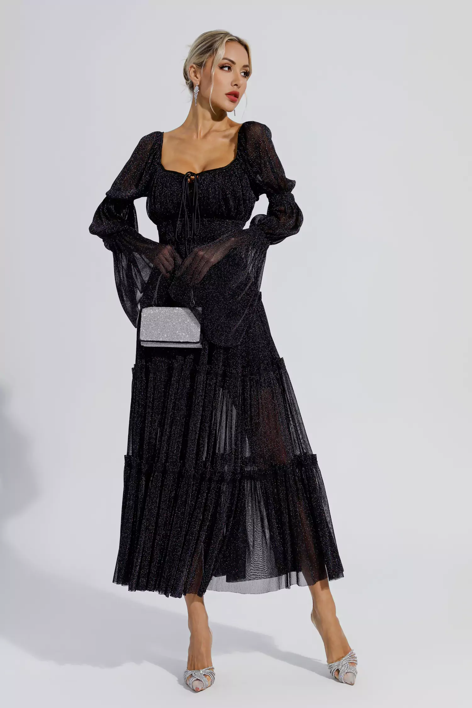 Yaretzi Black Sequin Long Sleeve Maxi Dress-CATCHALL