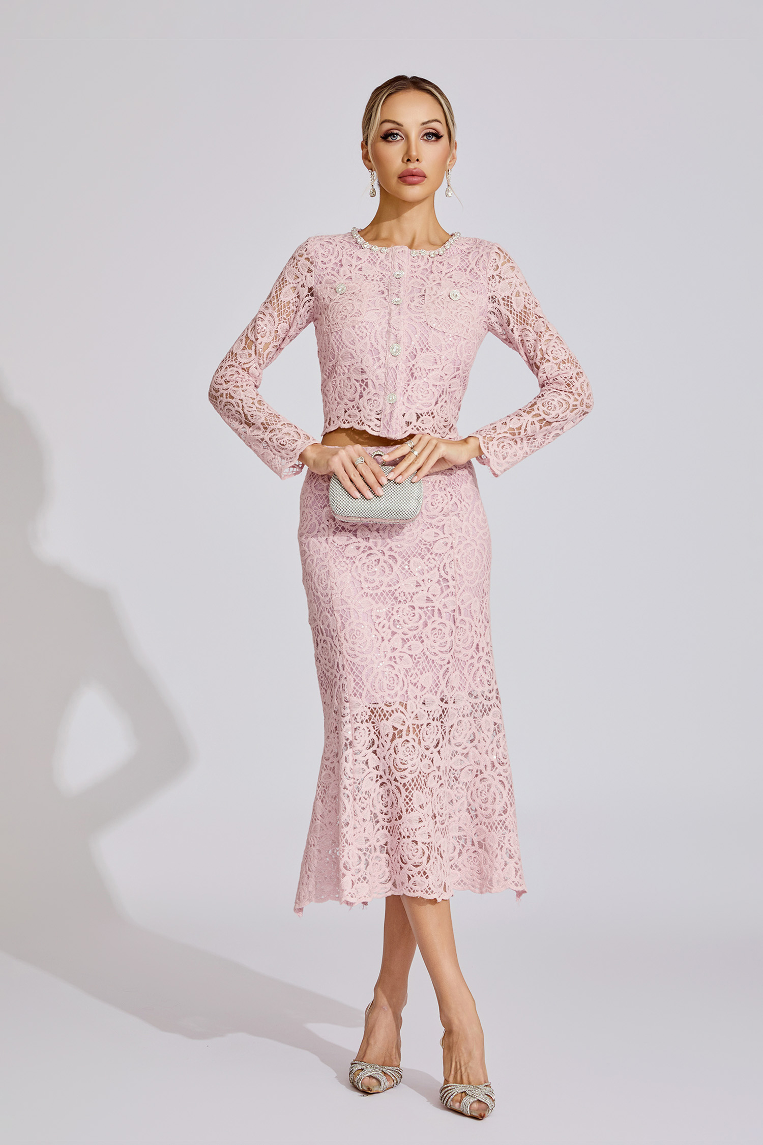 Yvonne Pink Rhinestone Embroidered Lace Two Piece Set