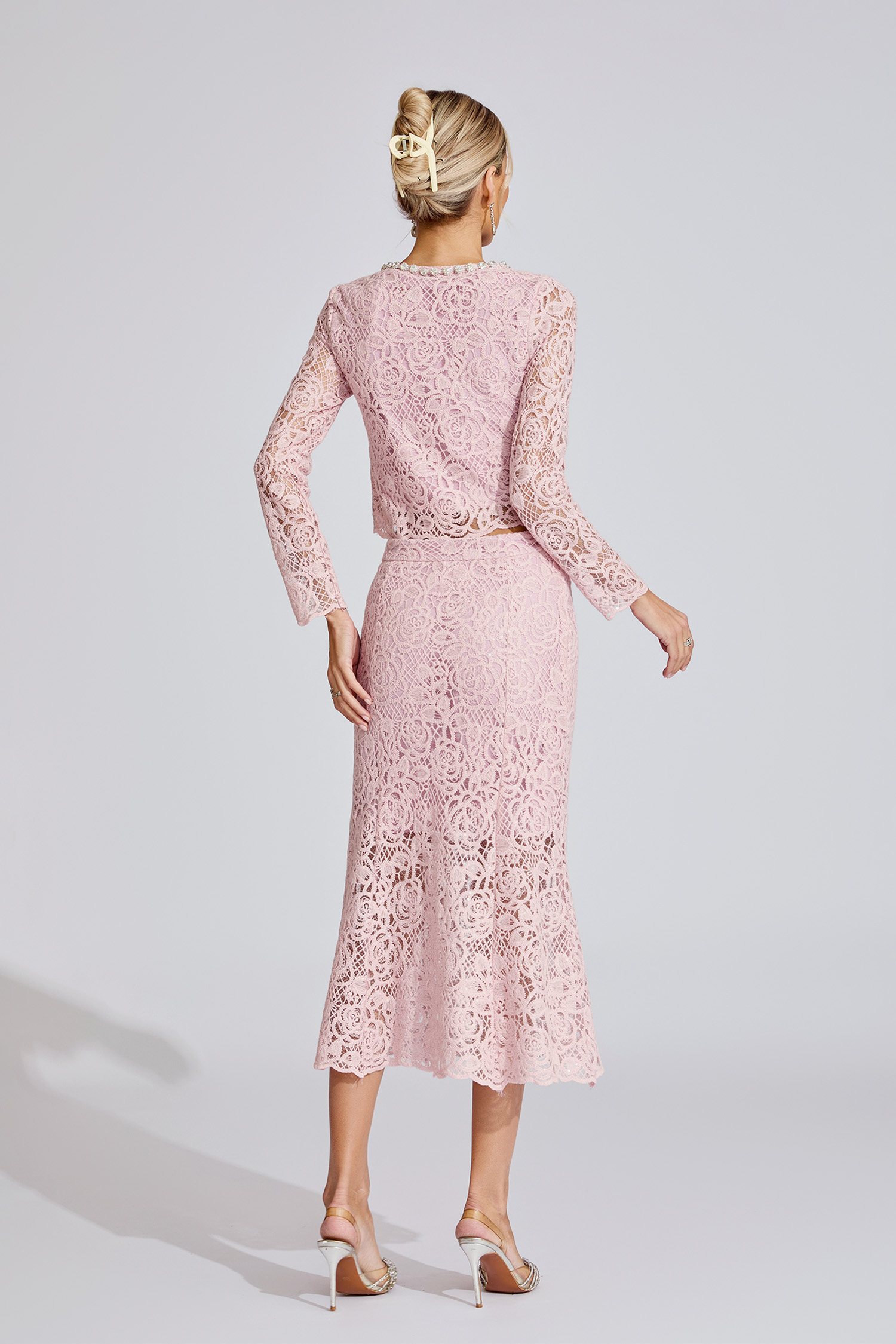 Yvonne Pink Rhinestone Embroidered Lace Two Piece Set