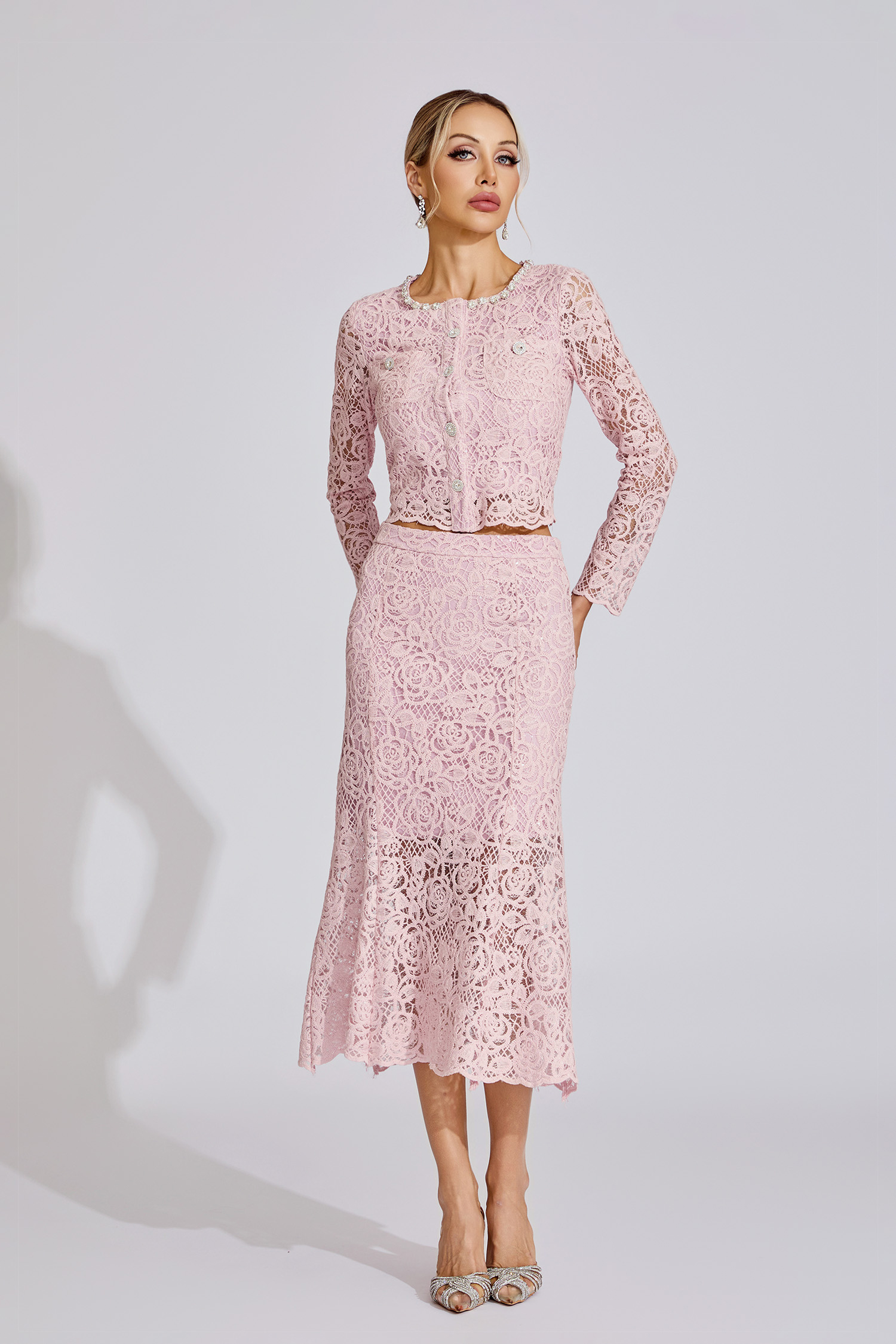 Yvonne Pink Rhinestone Embroidered Lace Two Piece Set