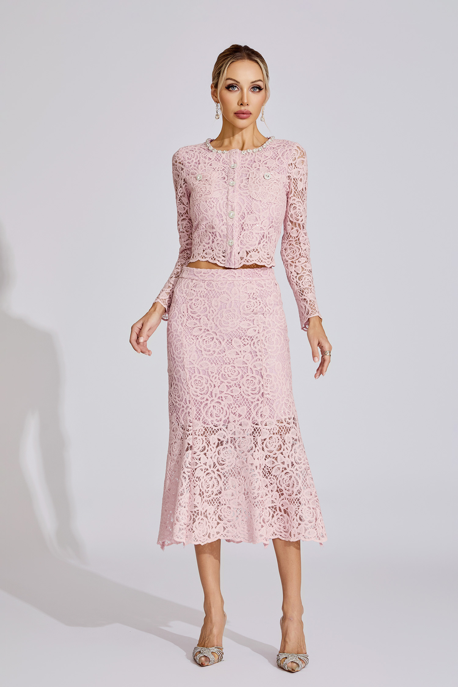 Yvonne Pink Rhinestone Embroidered Lace Two Piece Set