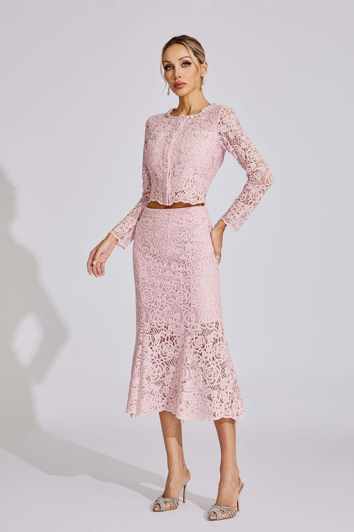 Yvonne Pink Rhinestone Embroidered Lace Two Piece Set