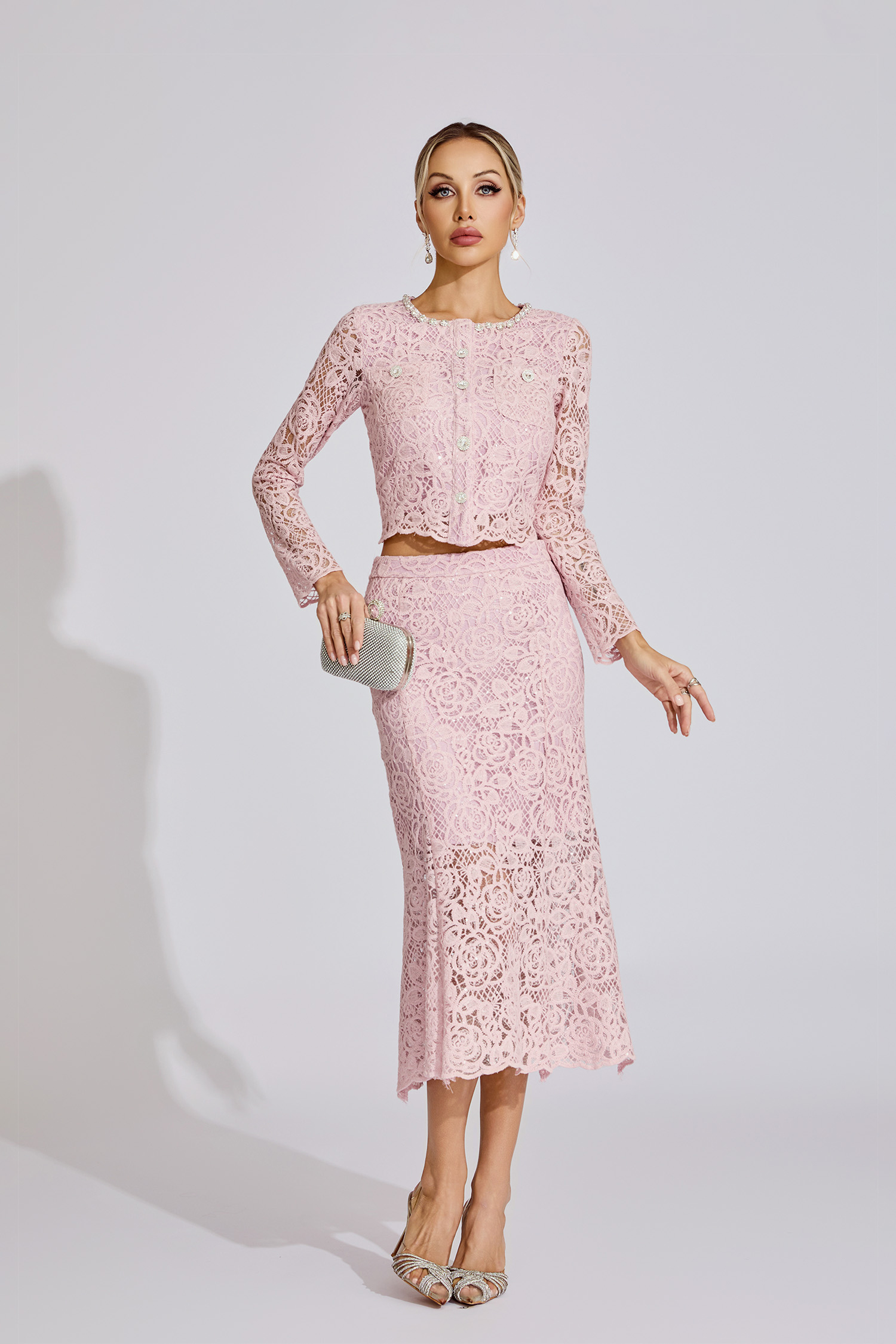 Yvonne Pink Rhinestone Embroidered Lace Two Piece Set