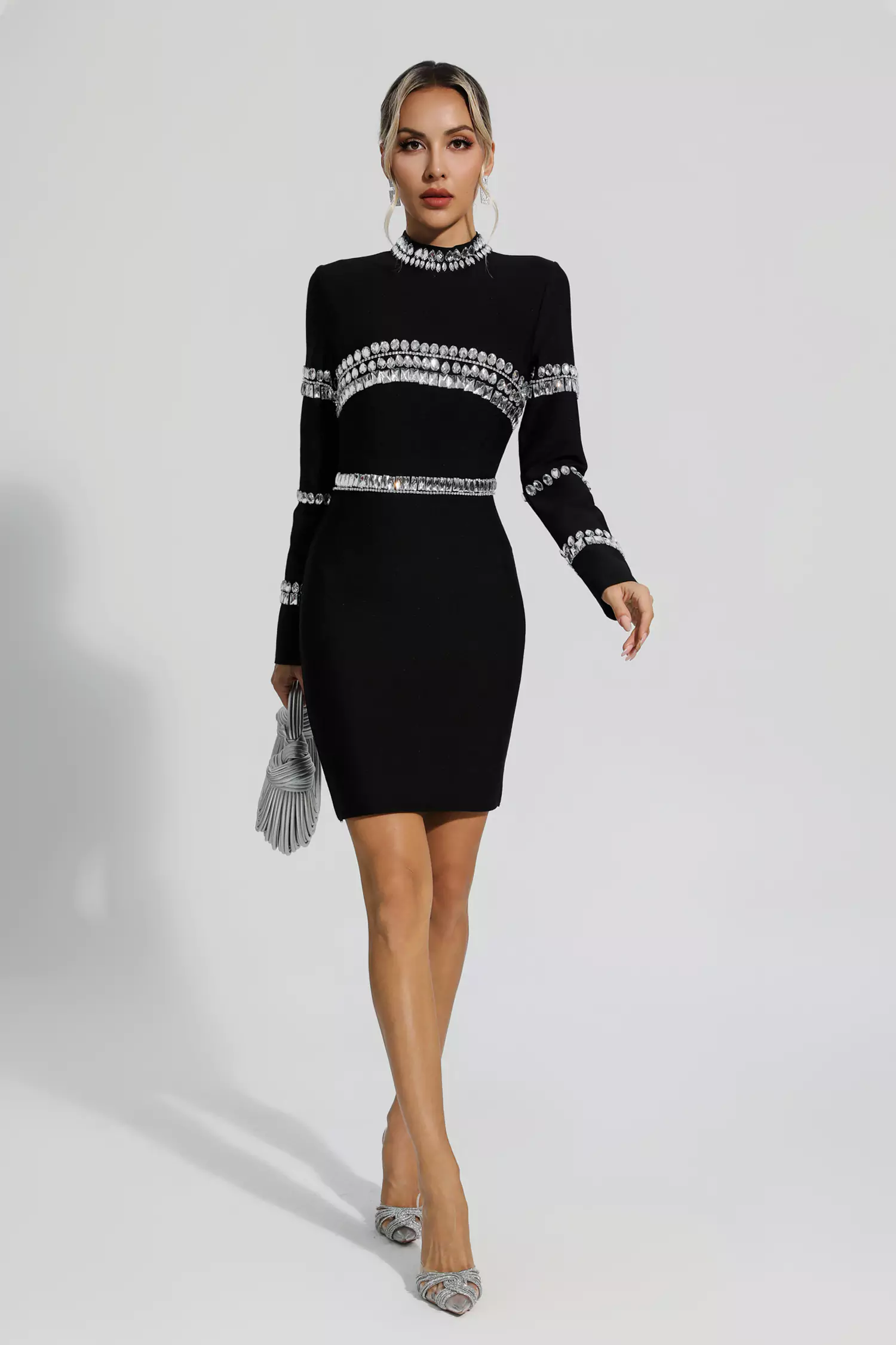 Hayley Black Diamond Embellished Long Sleeve Mini Dress-CATCHALL