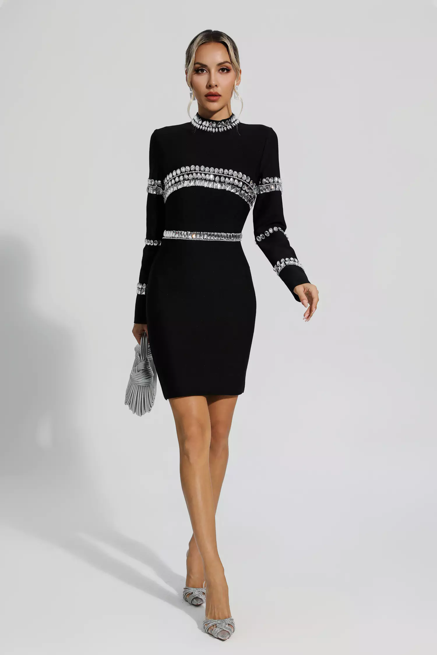 Hayley Black Diamond Embellished Long Sleeve Mini Dress