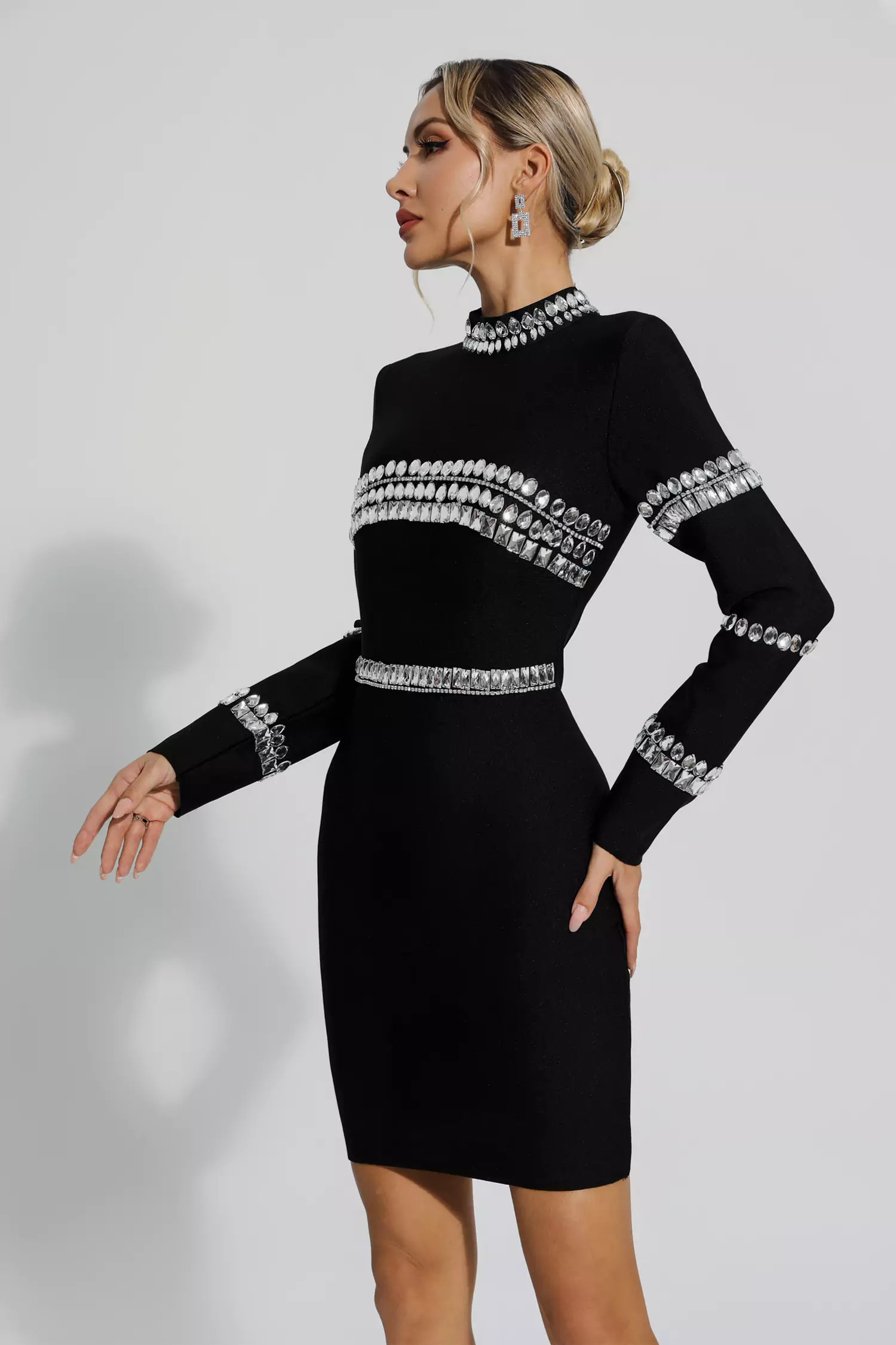 Hayley Black Diamond Embellished Long Sleeve Mini Dress-CATCHALL