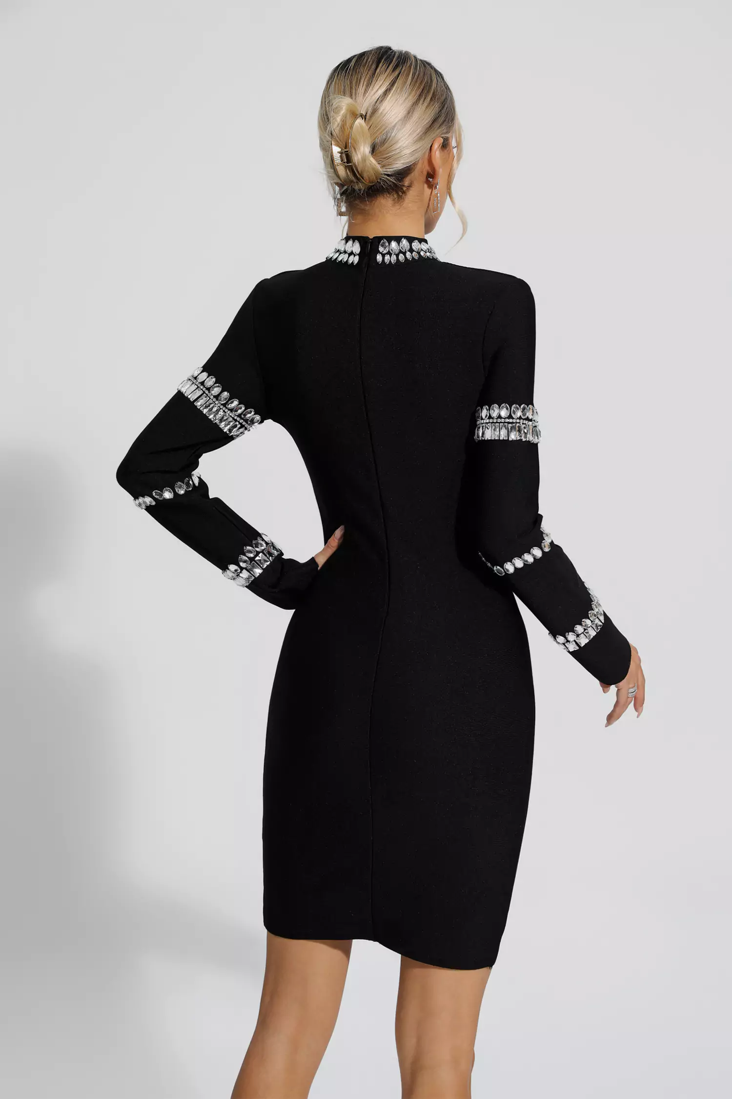Hayley Black Diamond Embellished Long Sleeve Mini Dress-CATCHALL