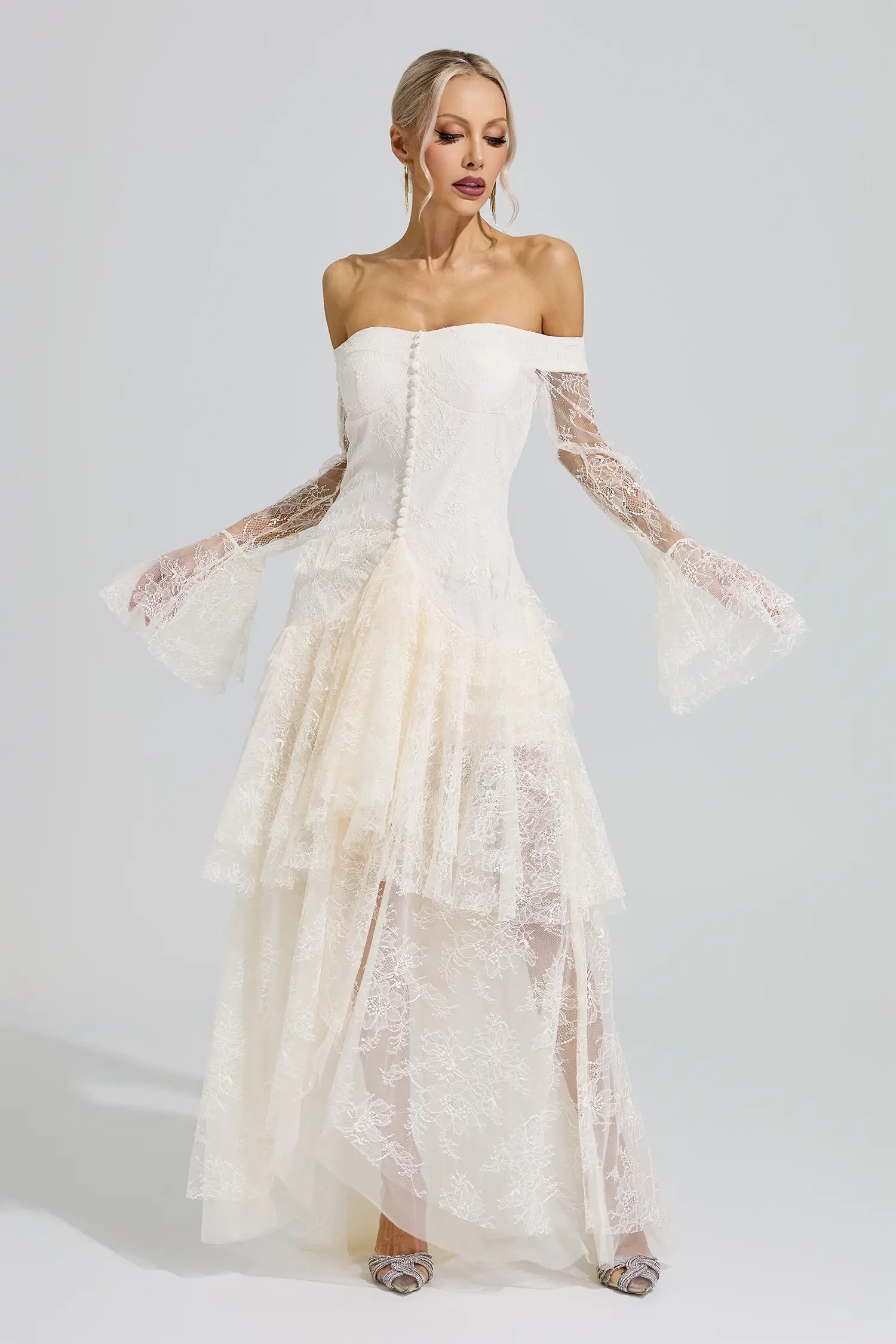 Zapata White Lace Ruffle Tiered Maxi Dress