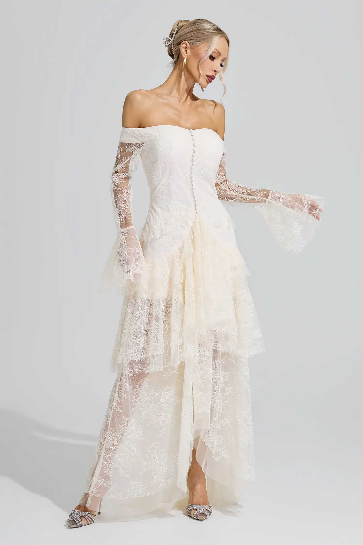 Zapata White Lace Ruffle Tiered Maxi Dress