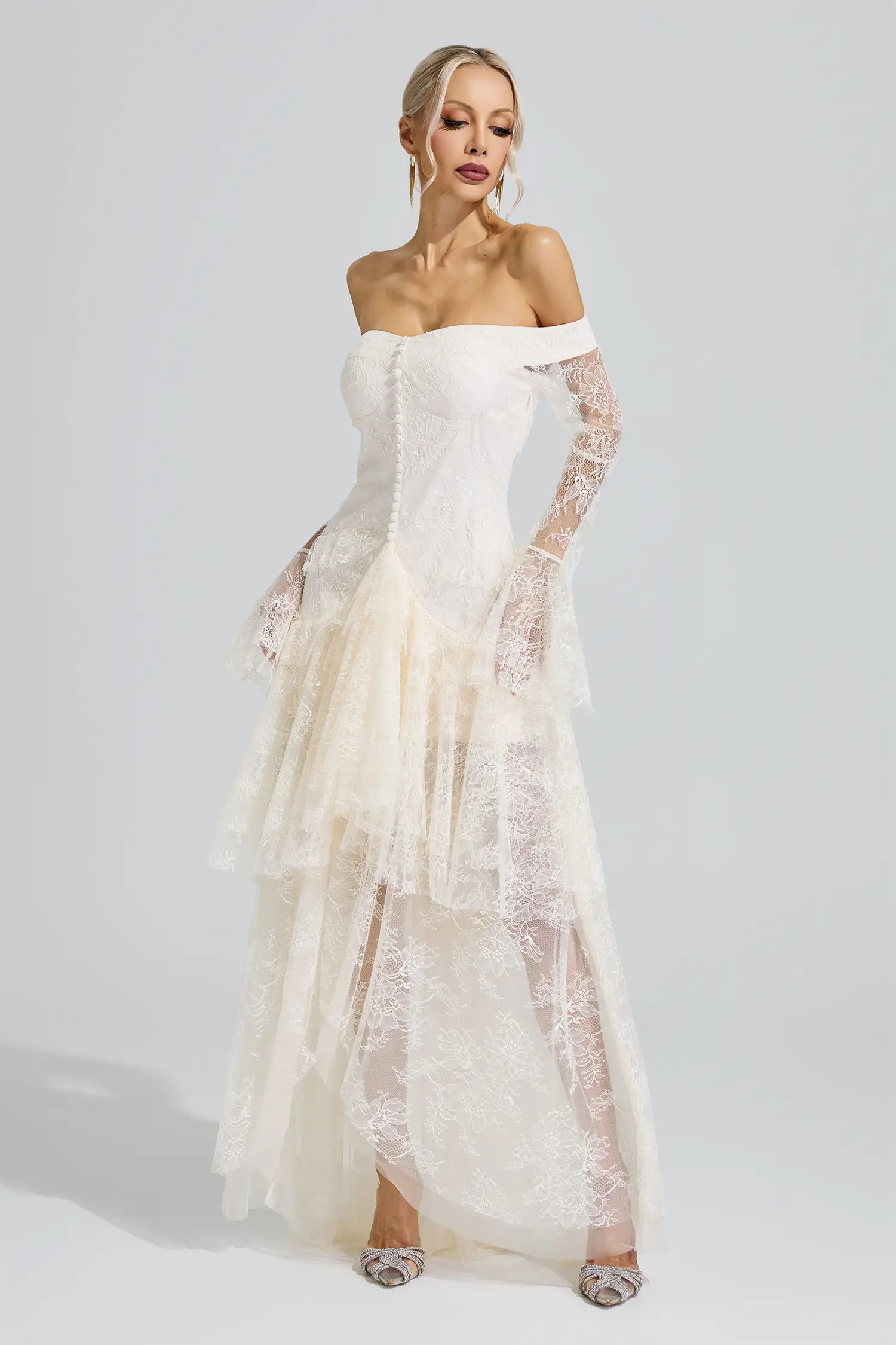Zapata White Lace Ruffle Tiered Maxi Dress