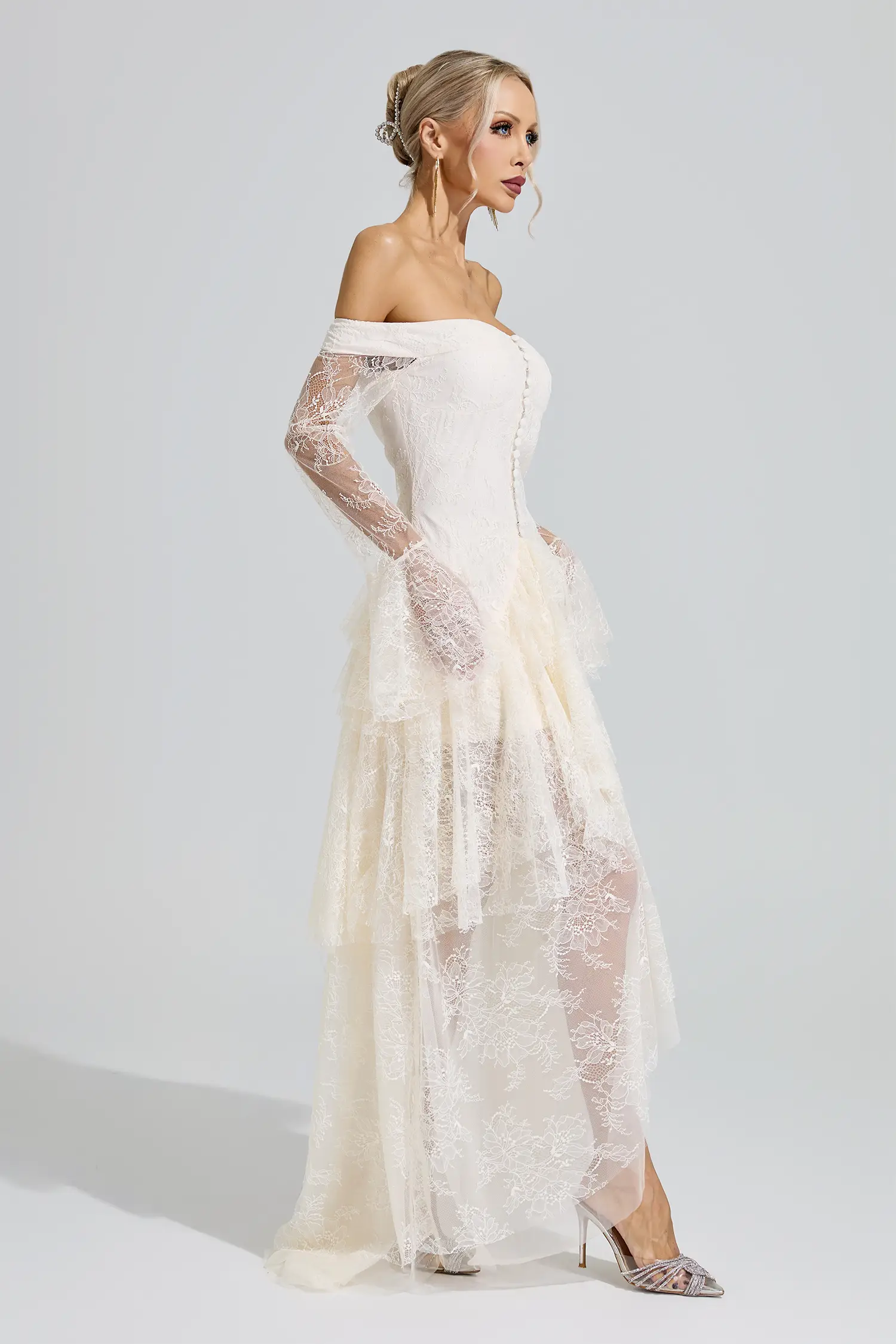 Zapata White Lace Ruffle Tiered Maxi Dress