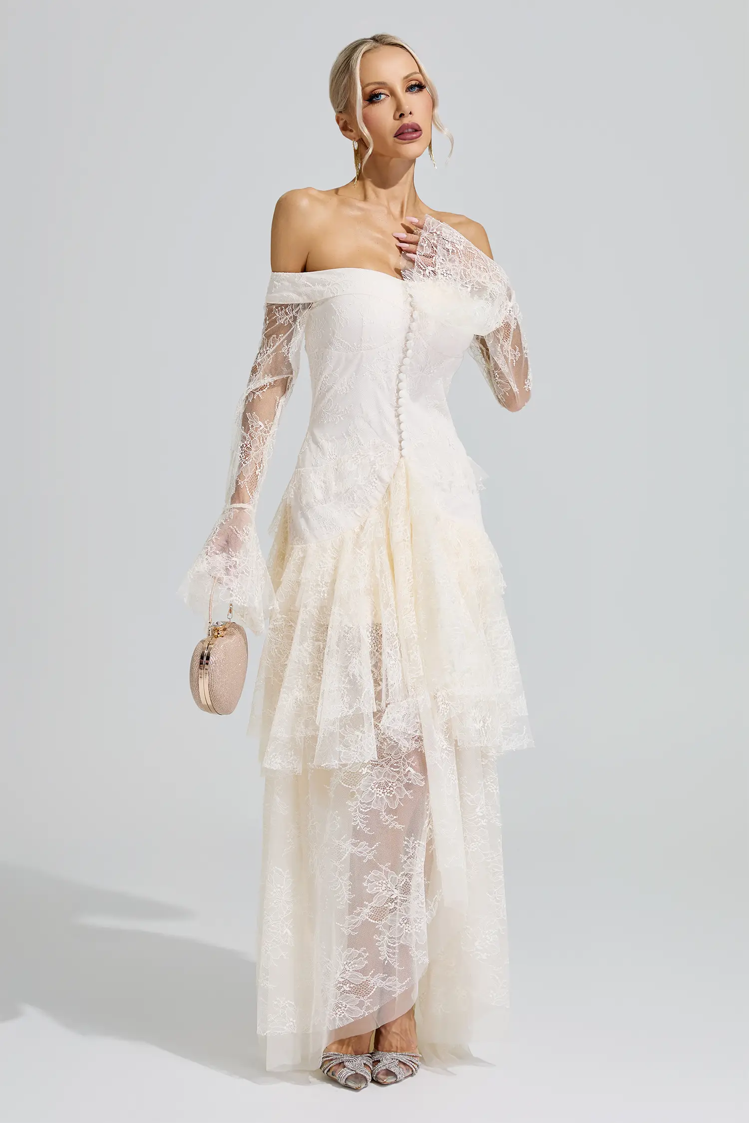 Zapata White Lace Ruffle Tiered Maxi Dress