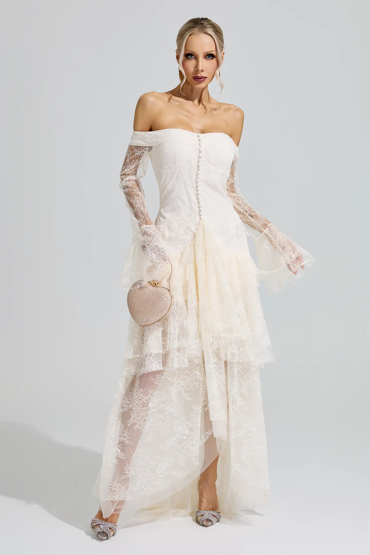 Zapata White Lace Ruffle Tiered Maxi Dress