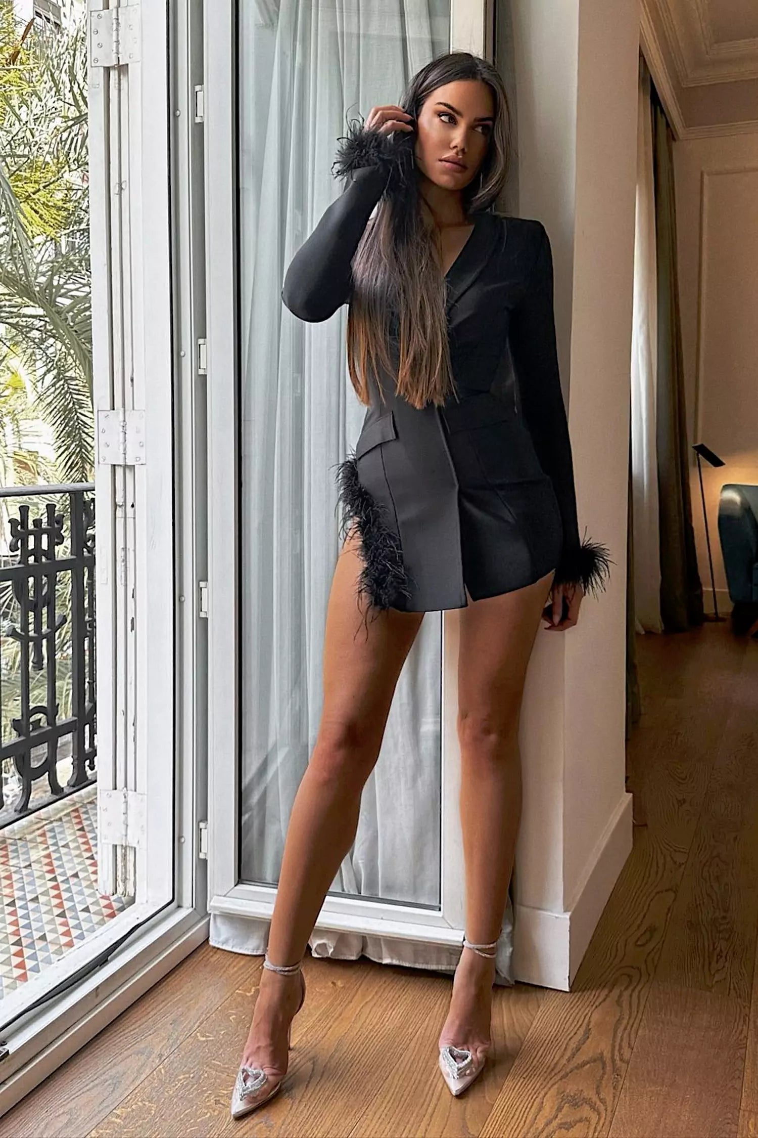 Zuri Feather Long Sleeve Mini Dress-Black