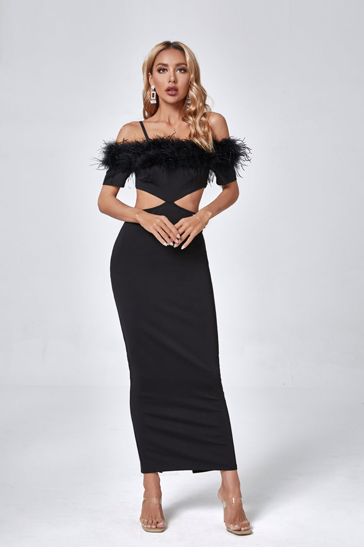 Madelyn Black Feather Maxi Bodycon Dress - Catchall
