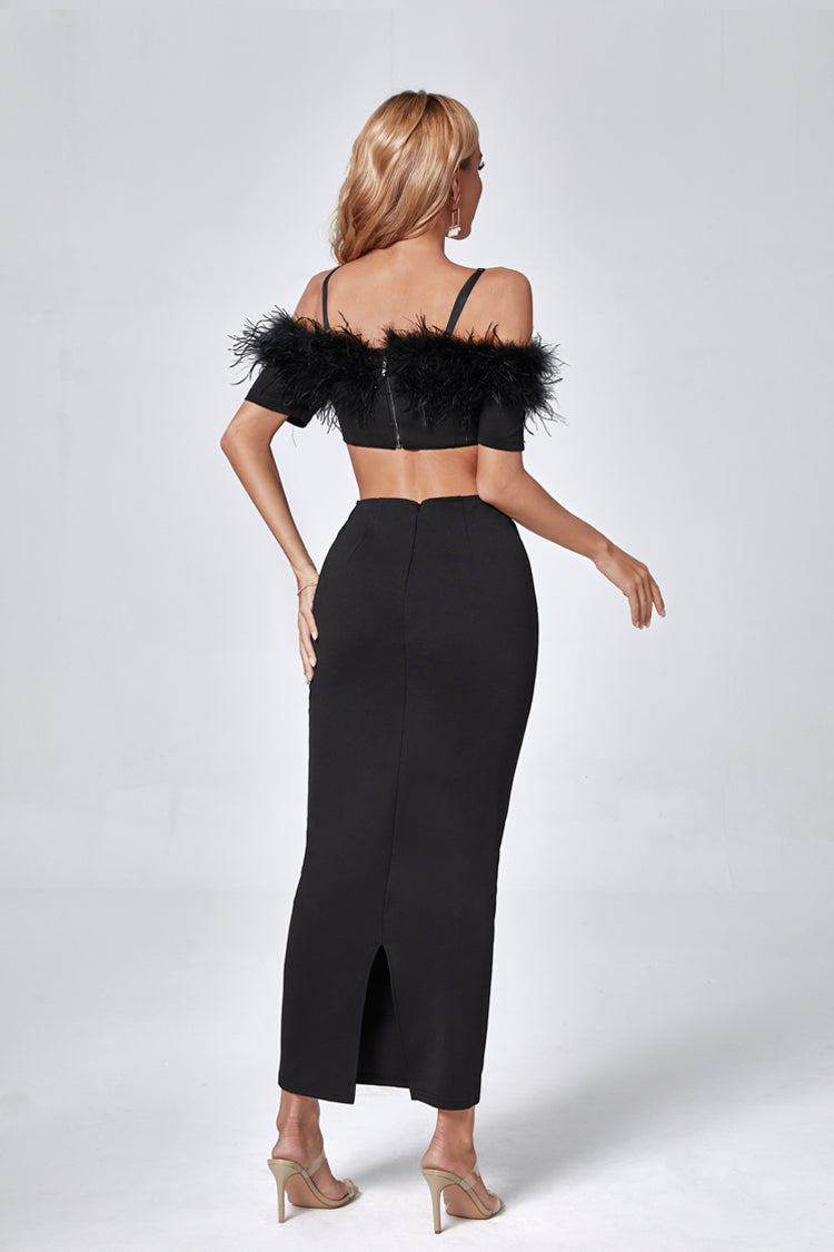 Round Neck Feather Maxi Bodycon Dress