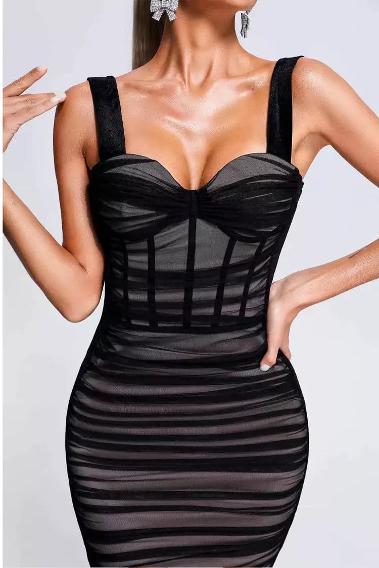 Ember Black Mesh Velvet Midi Dress-CATCHALL