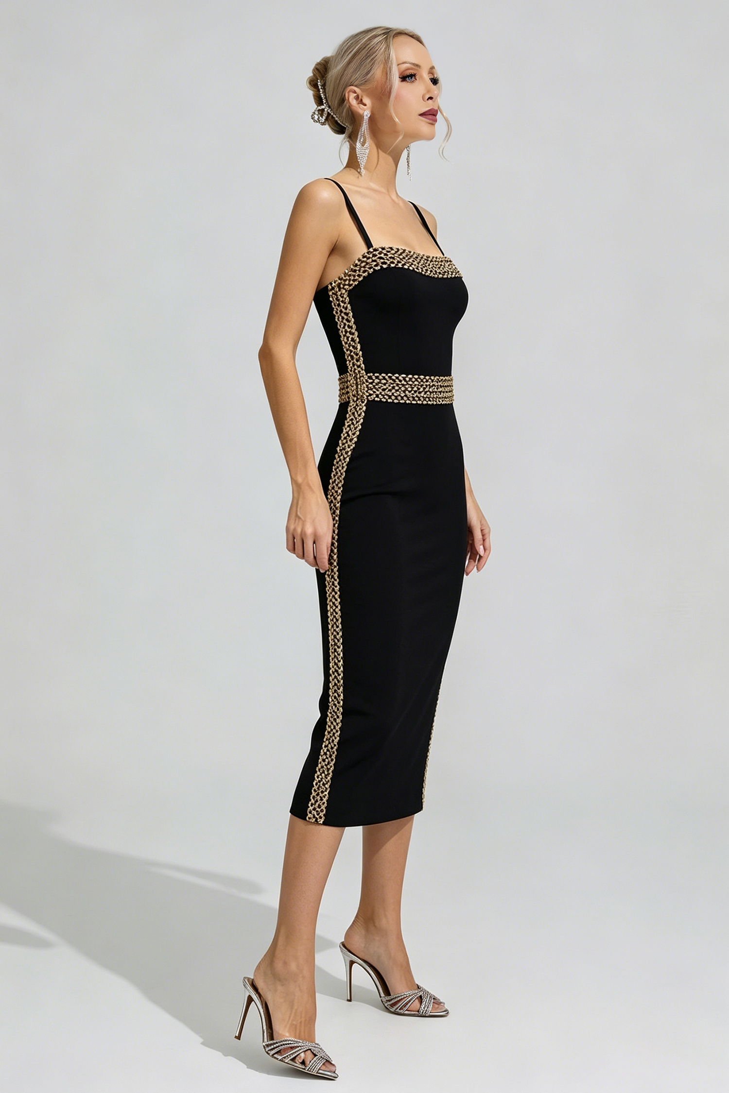 Halle Black Sequin Strap Midi Dress