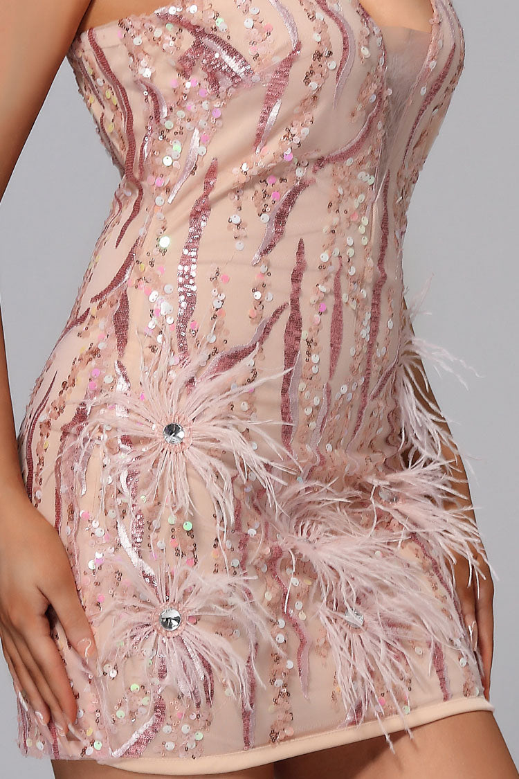 Camila Pink Feather Diamante Dress-CATCHALL