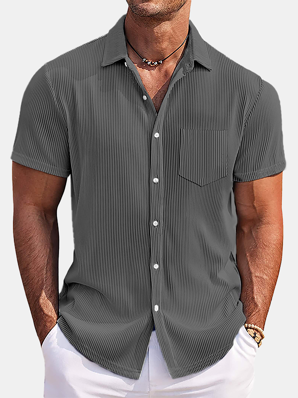 Men's Solid Color Loose And Comfortable Vertical Striped Short-sleeved Shirt