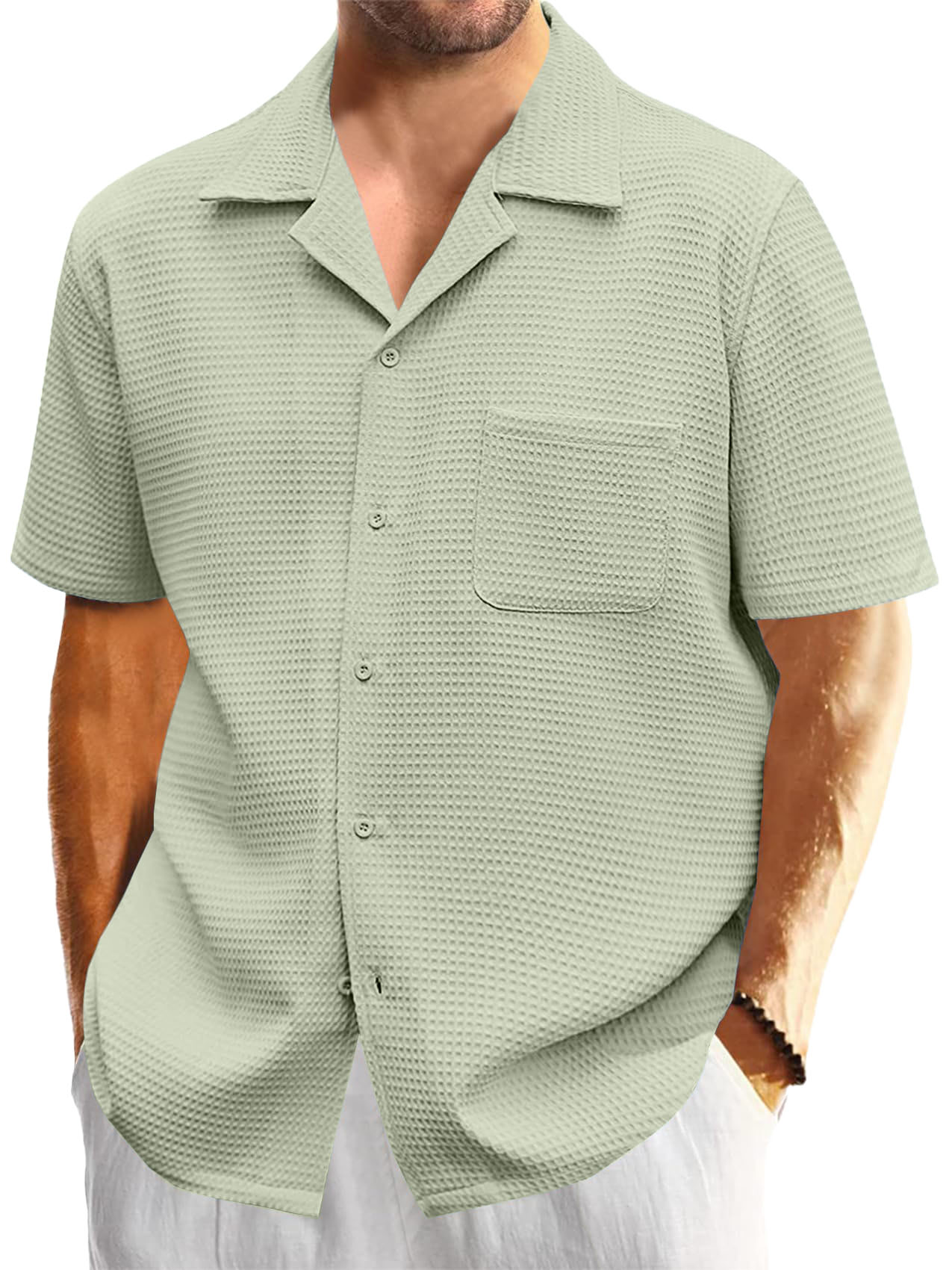 Men's Cuban Collar Waffle Basics Soft Comfort Everyday Casual Pocket Short Sleeve Shirt