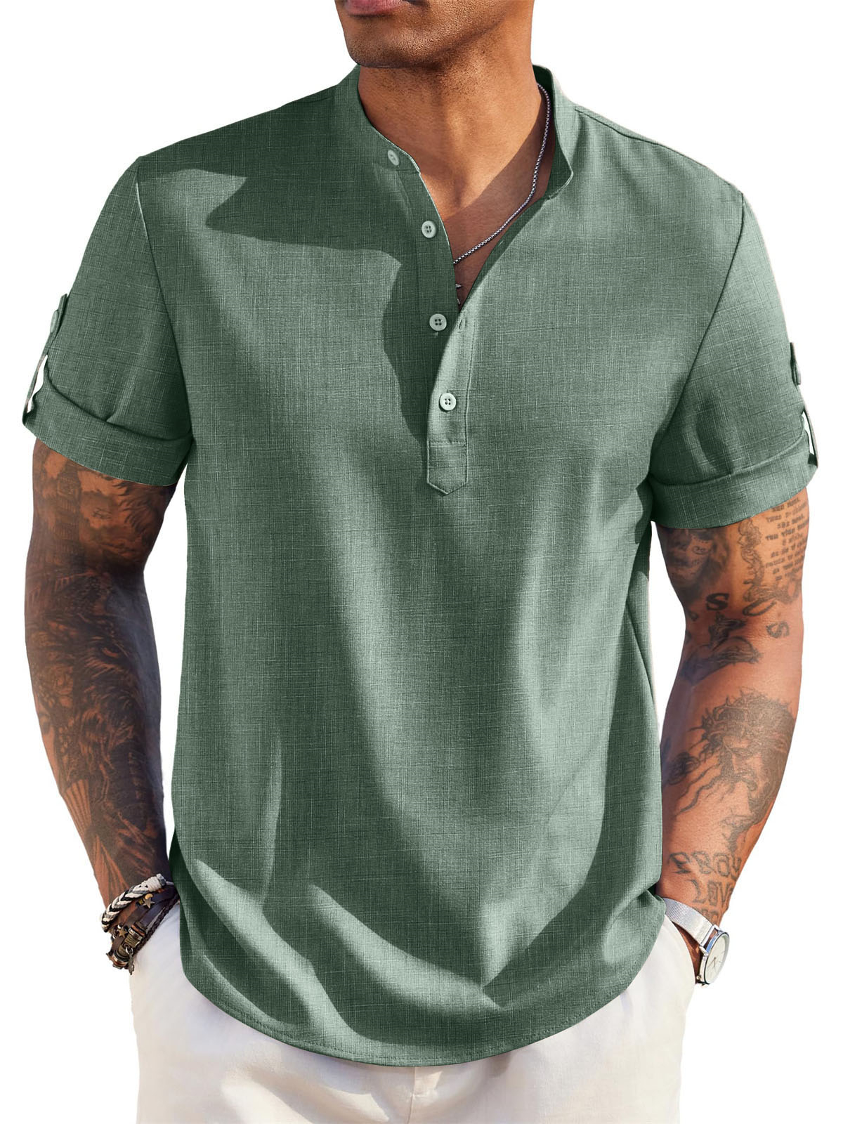 Men's Cotton And Linen Stand Collar Basic Casual Short-sleeved Shirt