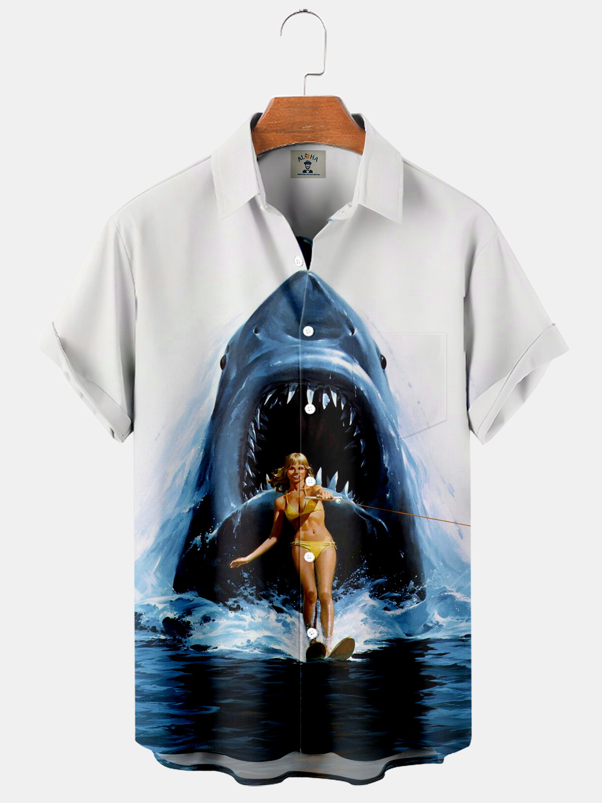 Hawaiian Ocean Shark Print Pocket Short Sleeve Shirt-Garamode