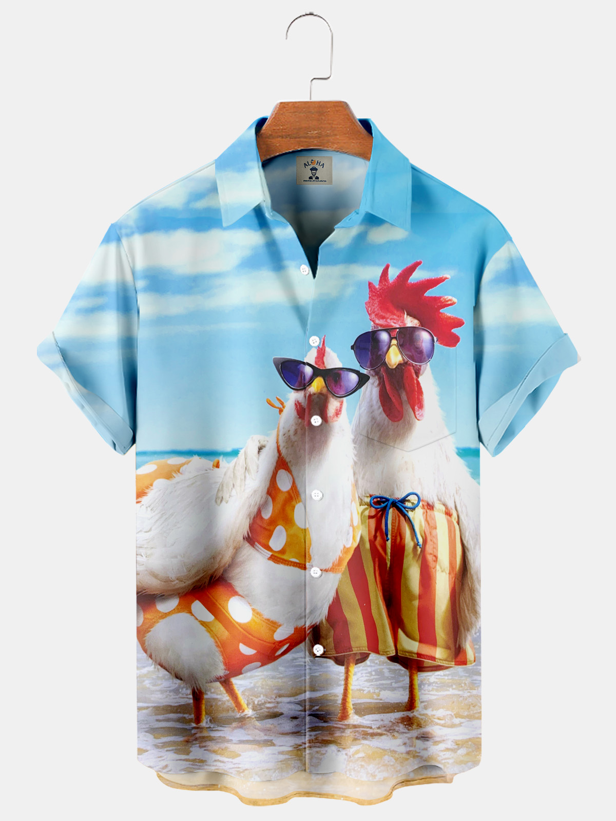 Hawaiian Beach Fun Couple Chicken Print Pocket Short Sleeve Shirt-Garamode