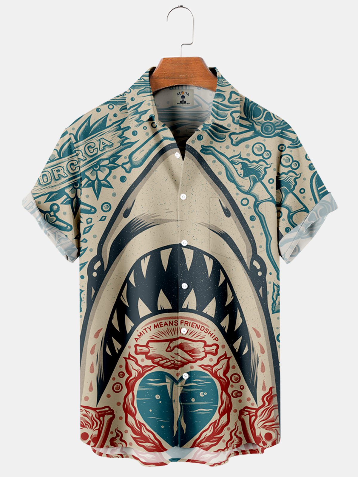 Men's Hawaiian Vintage Shark Print Short Sleeve Shirt-Garamode