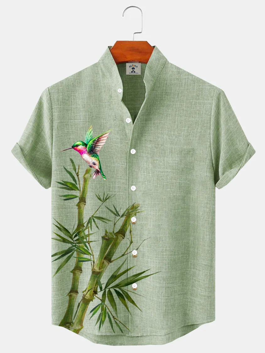 Men's Hummingbird Bamboo Print Stand Collar Casual Short Sleeve Shirt-Garamode