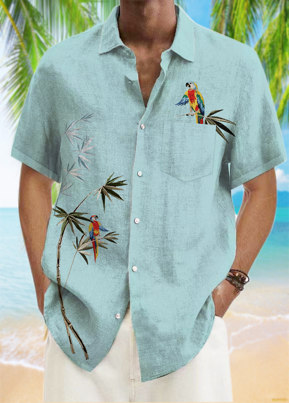 Men's Simple Hawaiian Bamboo and Parrot Print Short Sleeve Shirt-Garamode