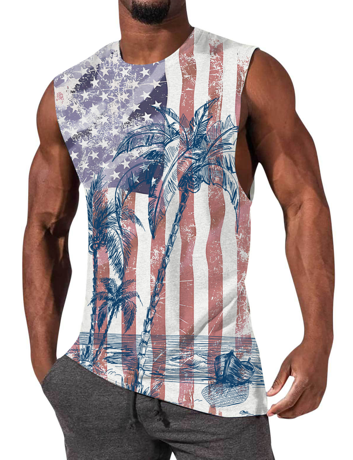 Men's Vintage American Flag and Coco Print Sleeveless T-Shirt-Garamode