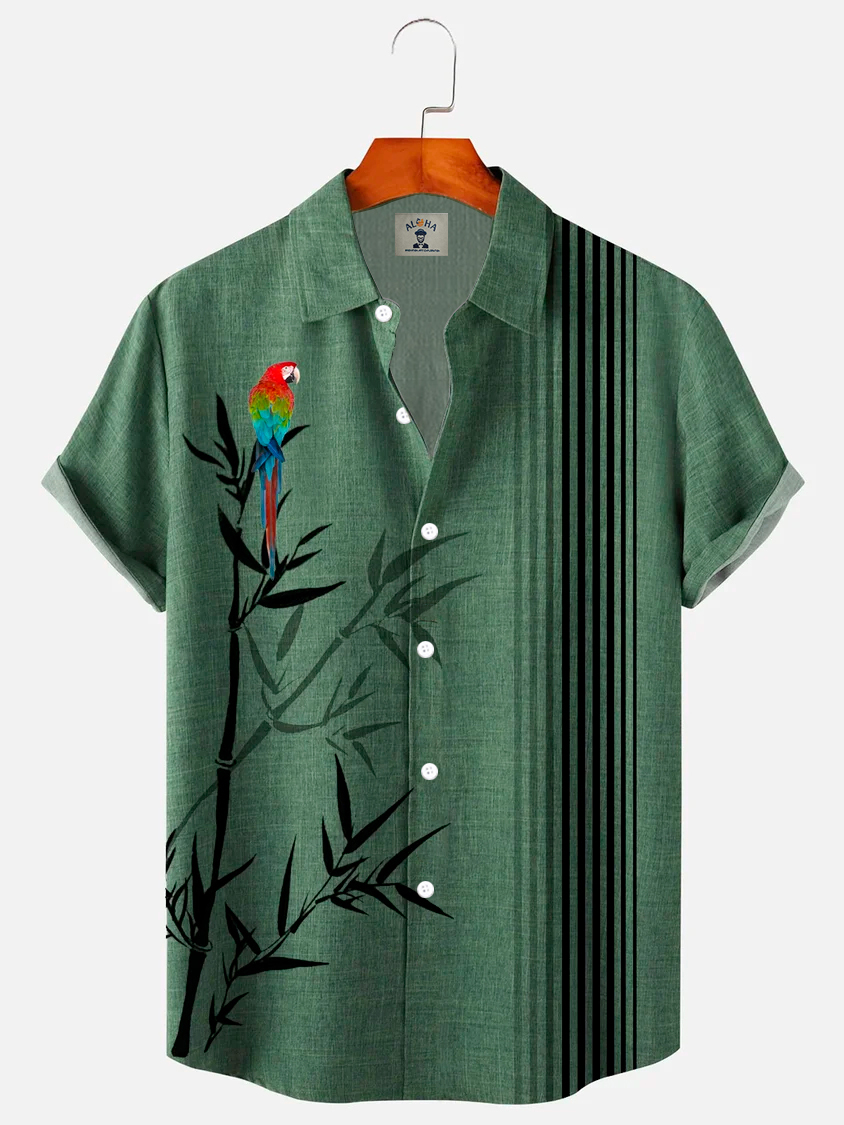 Men's Bamboo Parrot Stripe Print Casual Pocket Short Sleeve Shirt-Garamode