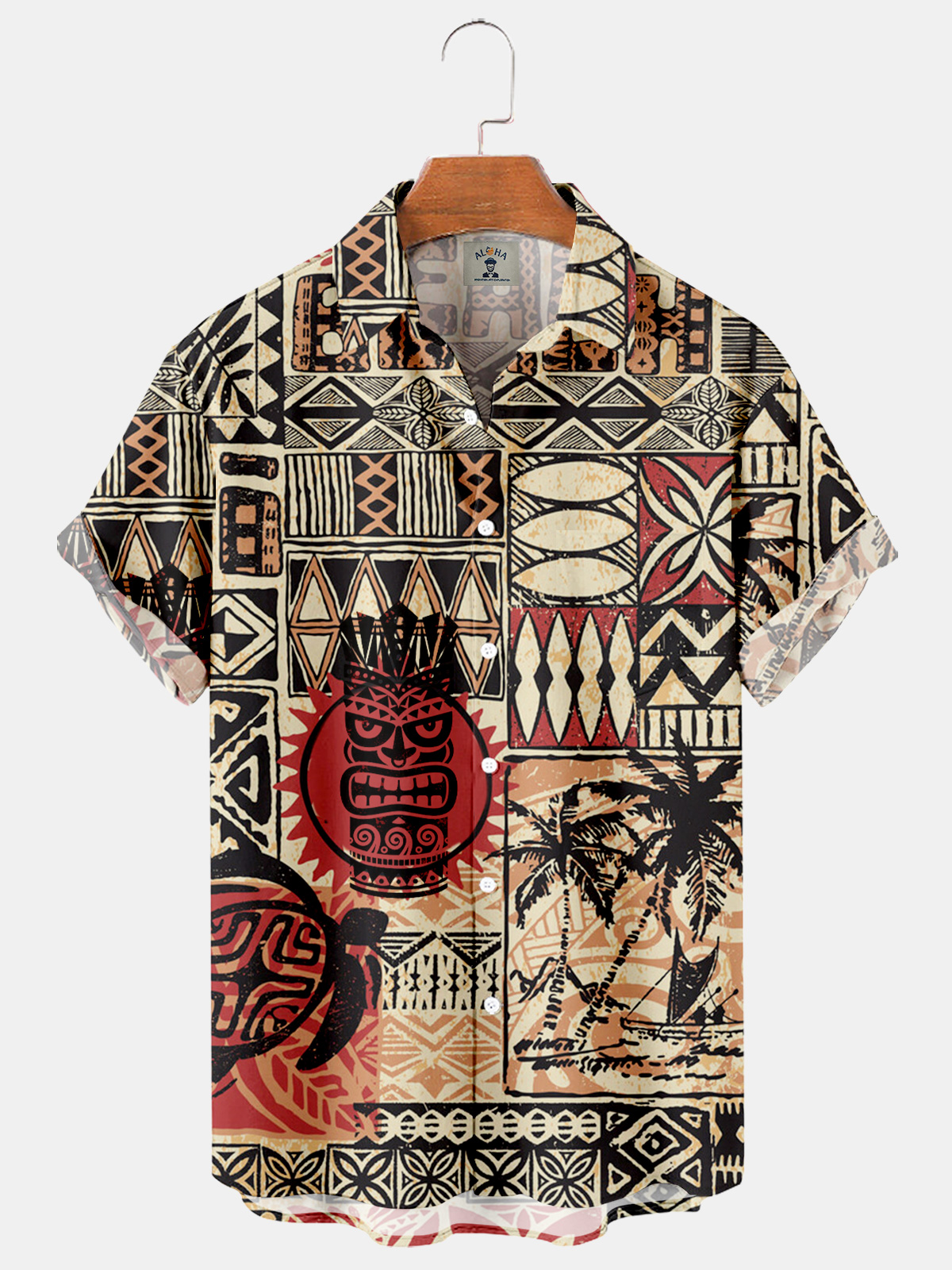 Men's Vintage Hawaiian Tiki Print Casual Loose Oversized Short Sleeve Shirt-Garamode