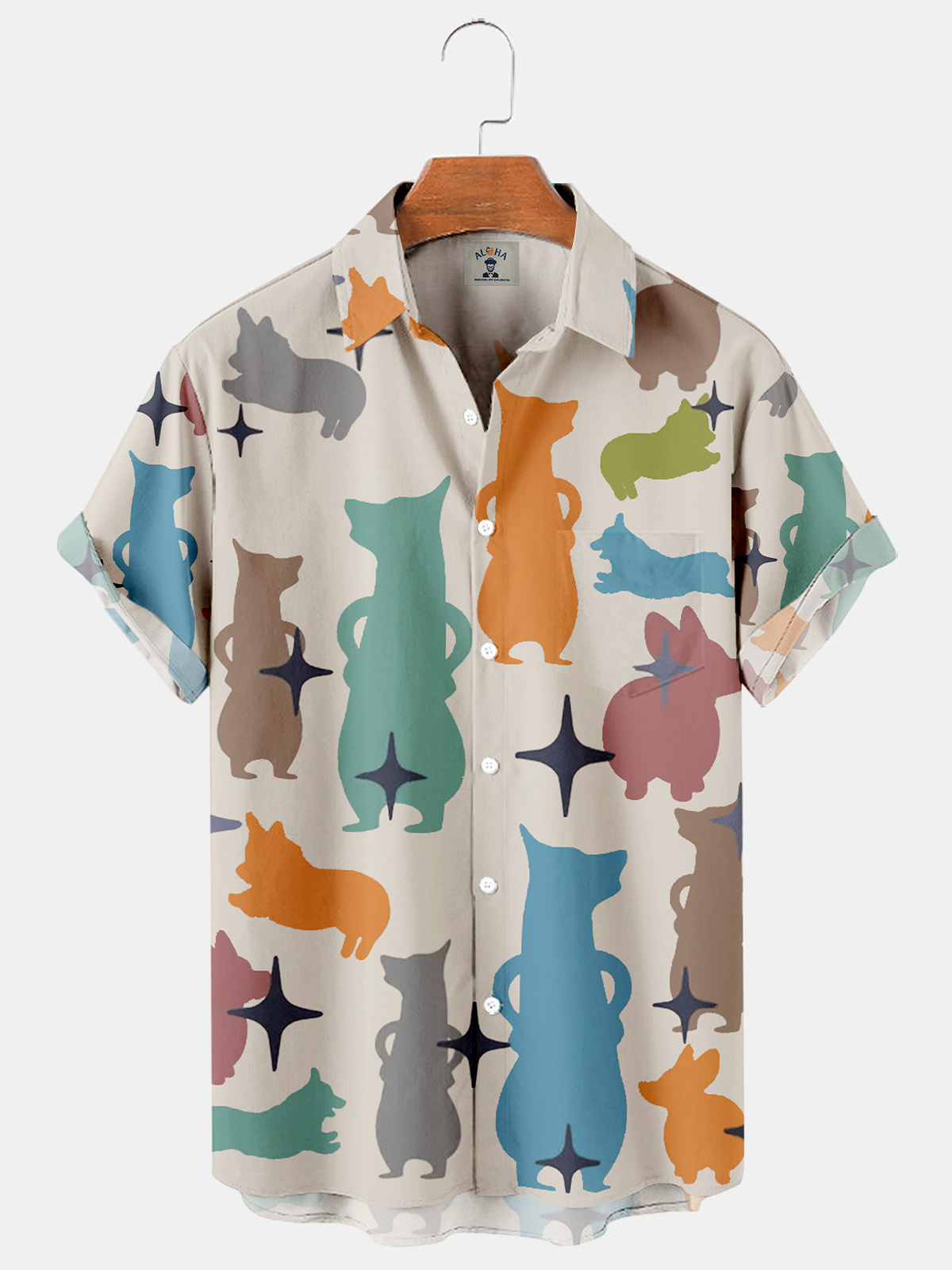 Men's Hawaiian Puppy Print Casual Loose Oversized Short Sleeve Shirt-Garamode