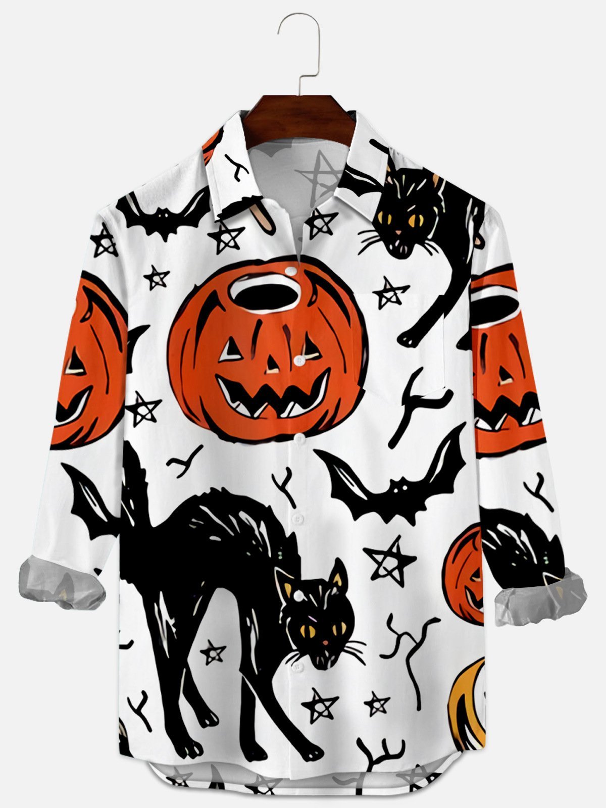 Men's Halloween Simple Cat Pumpkin Print Long Sleeve Shirt-Garamode