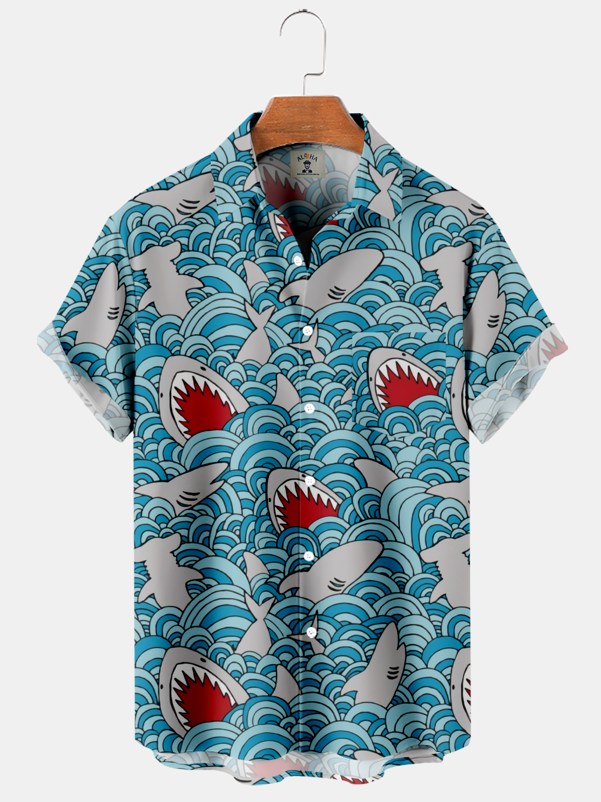 Men's Hawaiian Fun Wave and Shark Print Short Sleeve Shirt-Garamode