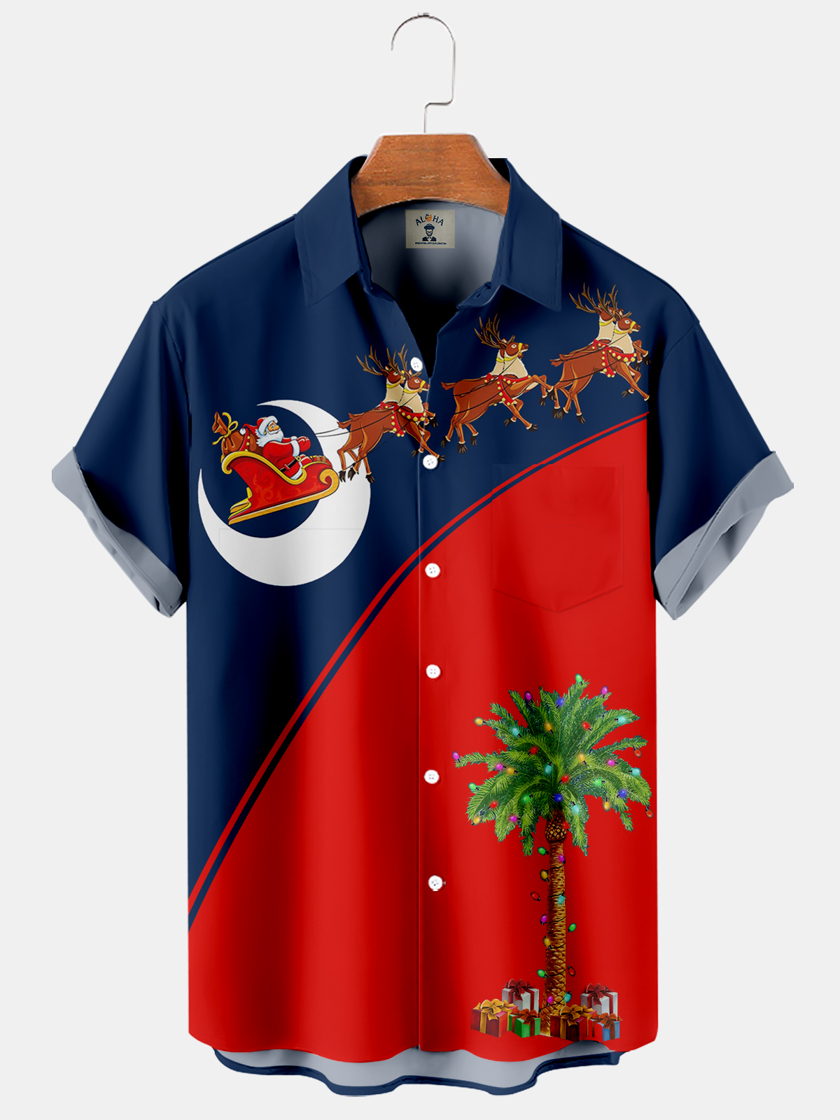 Contrast Hawaiian Palm Tree Christmas Print Short Sleeve Shirt-Garamode