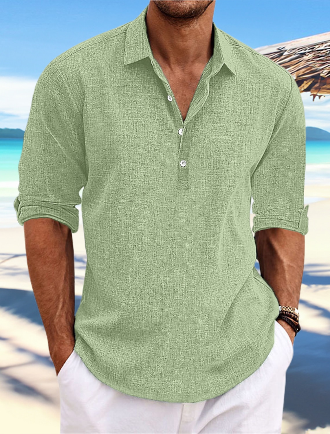 Men's Cotton Linen Pullover Shirt Collar Button Up Daily Hawaiian Long Sleeve Shirt-Garamode