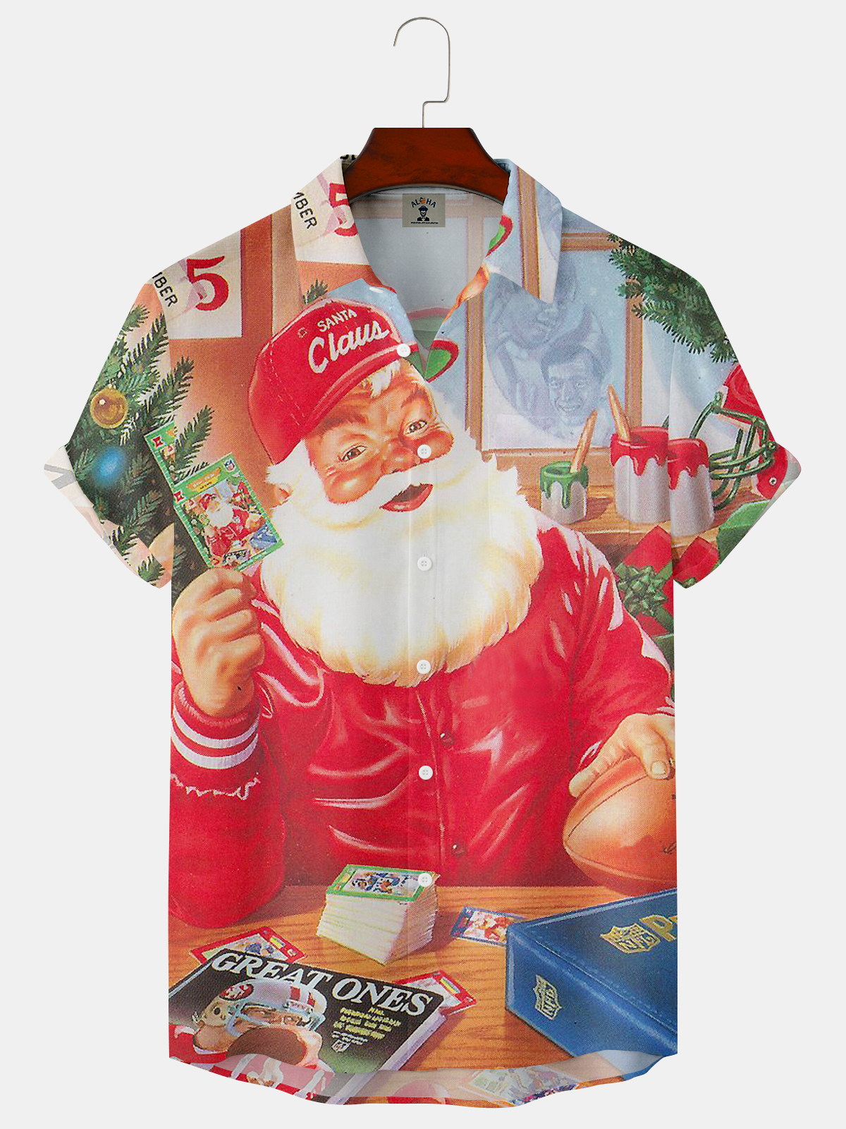 Christmas Fun Santa Claus and Rugby Print Short Sleeve Shirt for Boys-Garamode