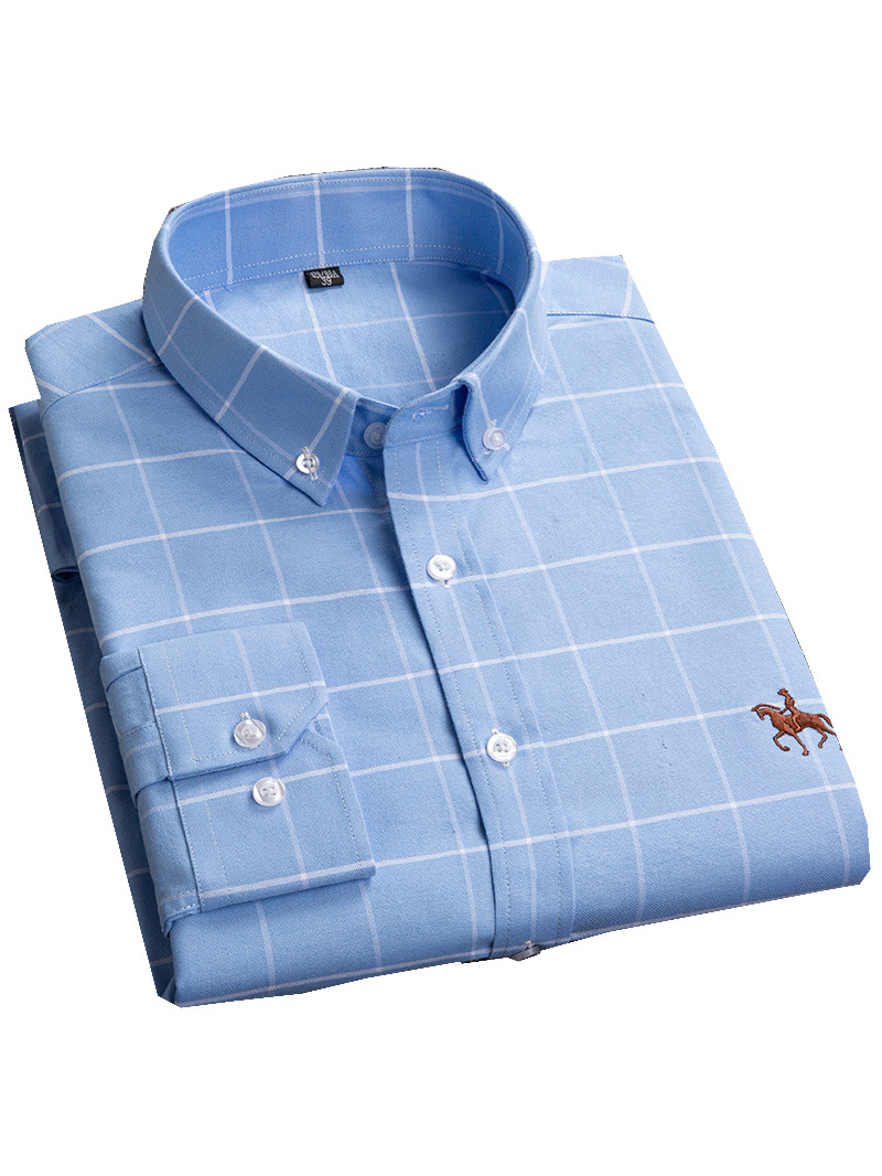 Men's 100% Cotton Plaid Oxford Shirt Polo Embroidery Casual Short Sleeve Shirt-Garamode