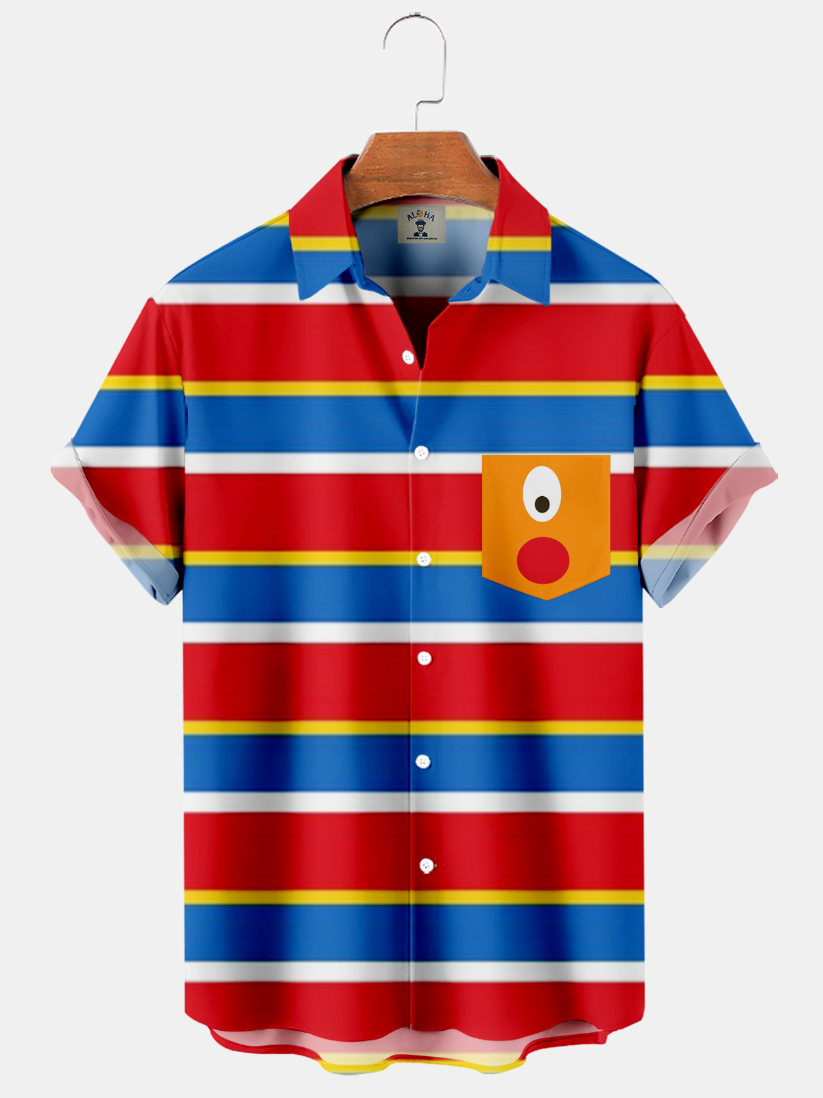 Men's Striped Fun Cartoon Pocket Short Sleeve Shirt-Garamode