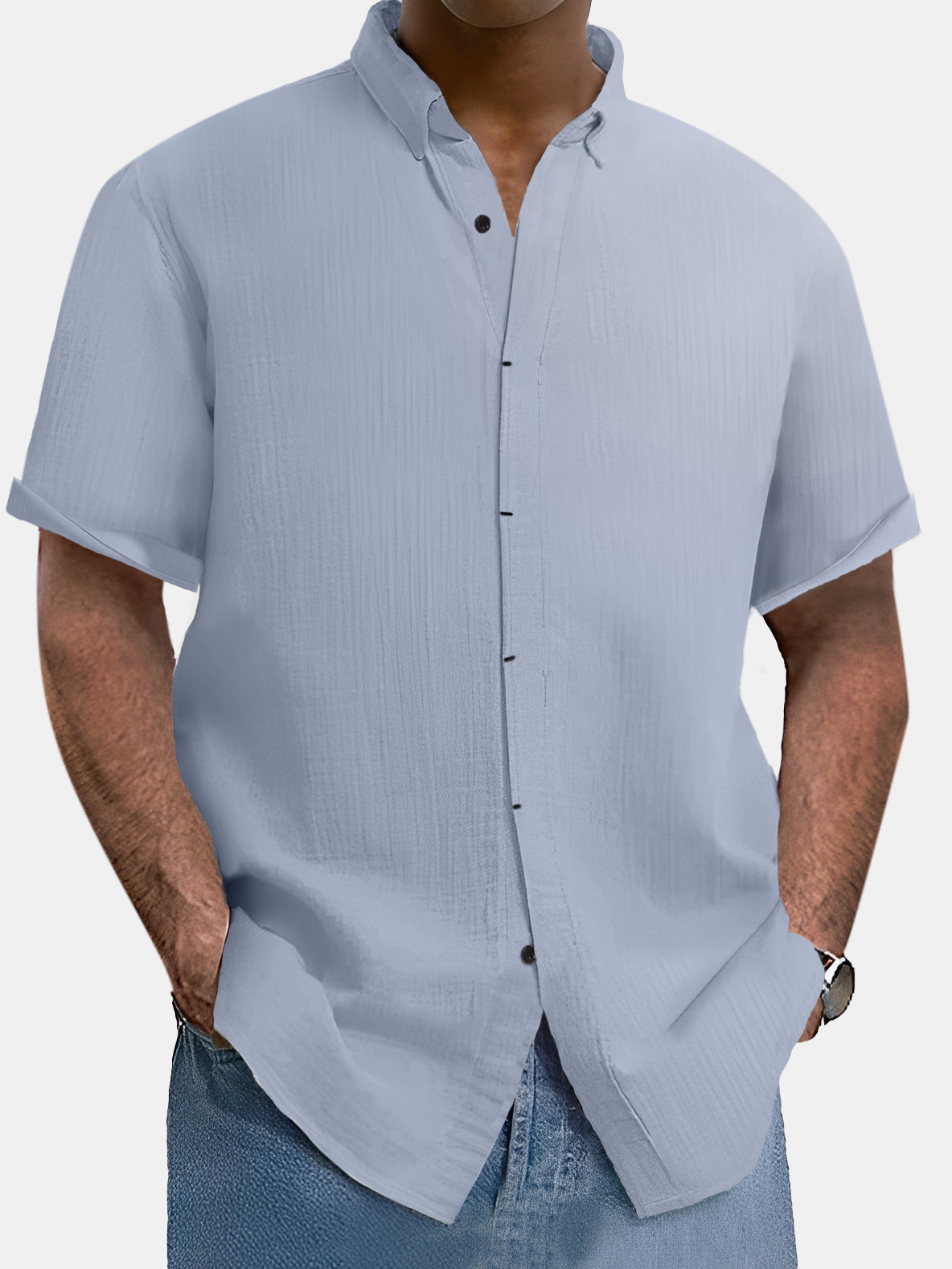 Men's comfortable solid color cotton and linen short-sleeved shirt