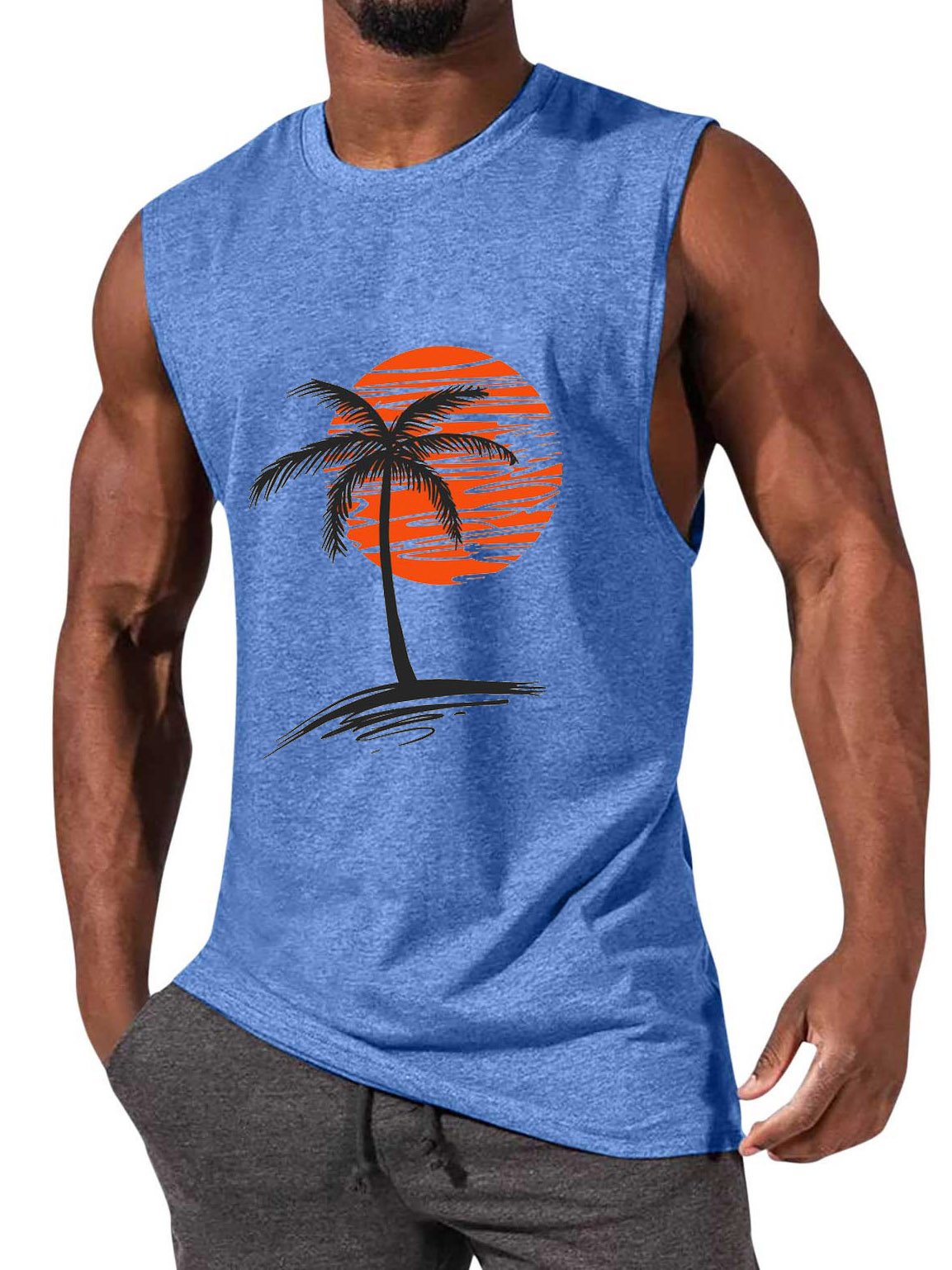 Men's Comfortable Solid Color Hawaiian Coconut Sleeveless Print T-shirt
