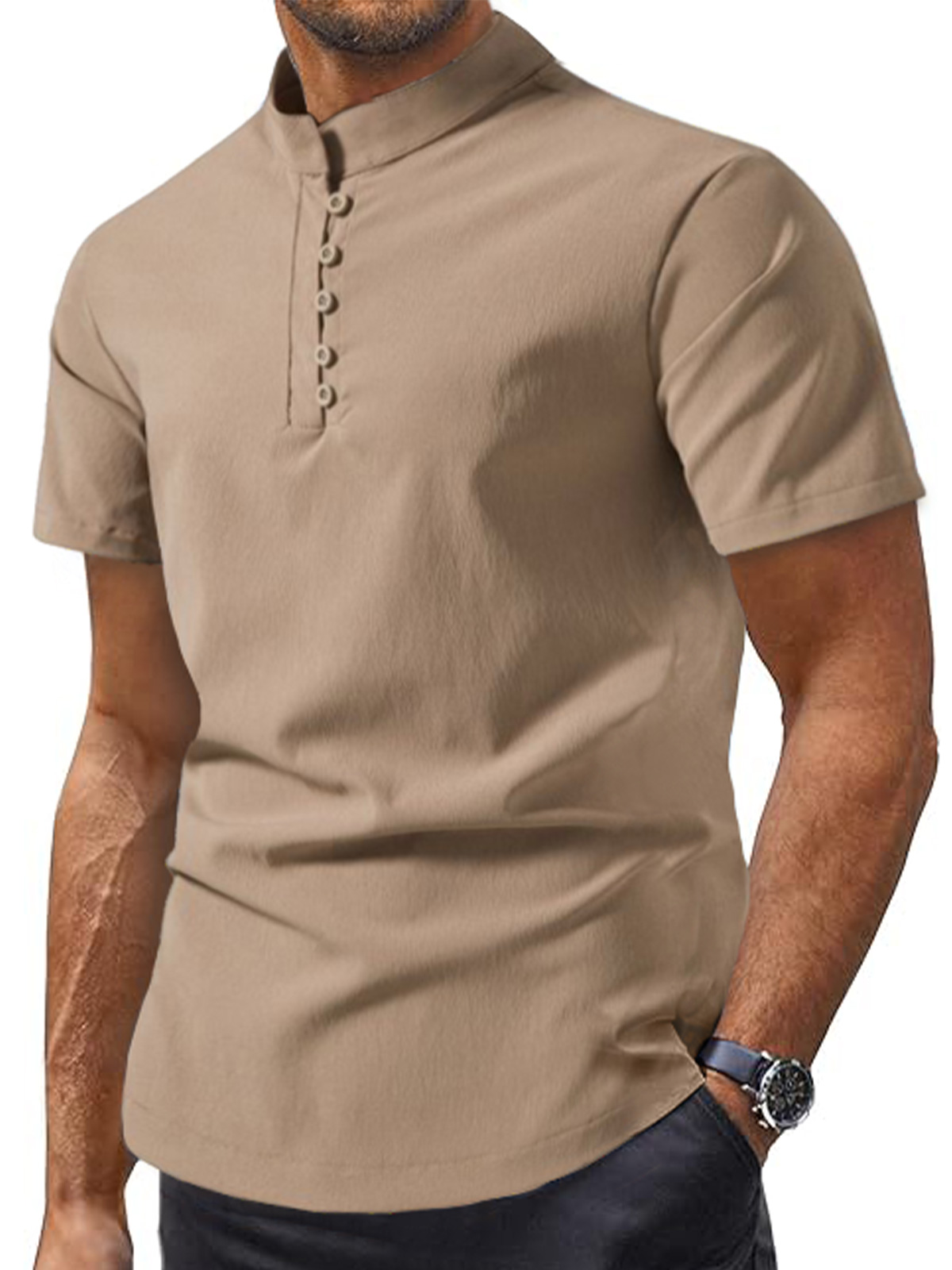Men's cotton and linen solid color stand collar short-sleeved shirt