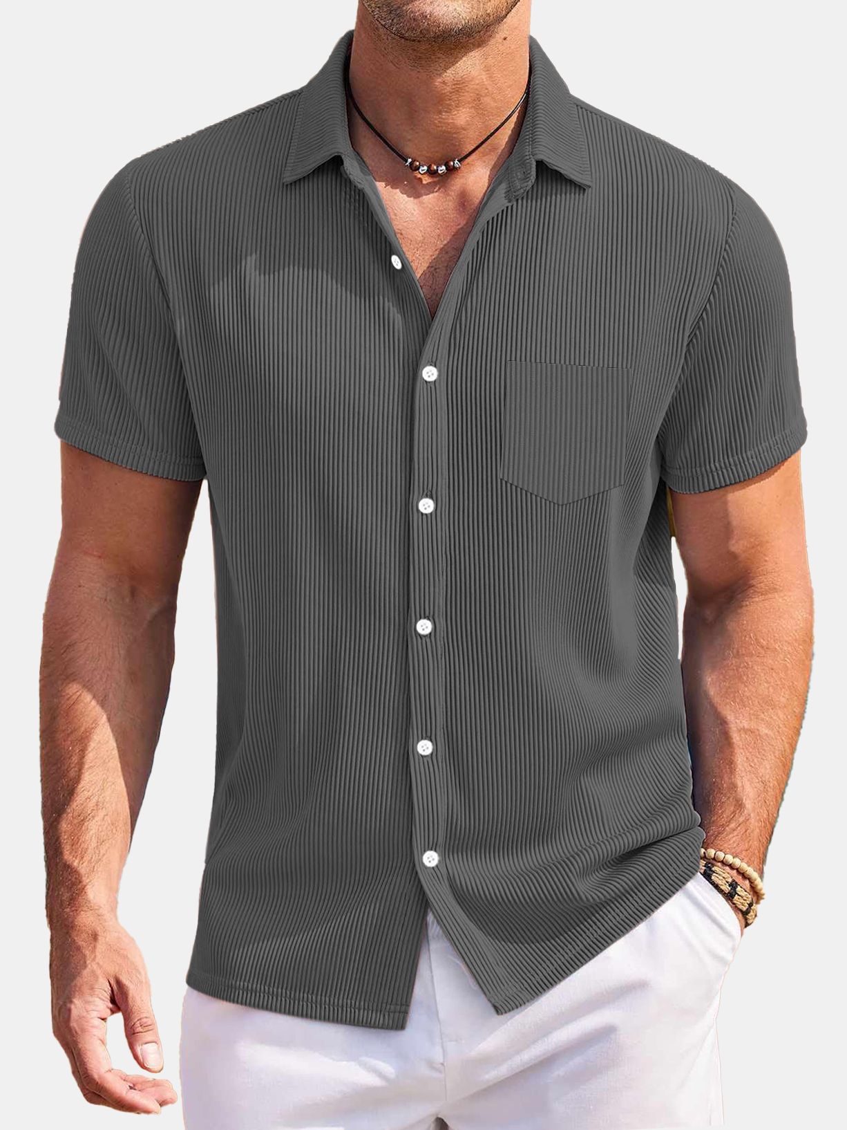 [Copy]Men's Solid Color Loose And Comfortable Vertical Striped Short-sleeved Shirt