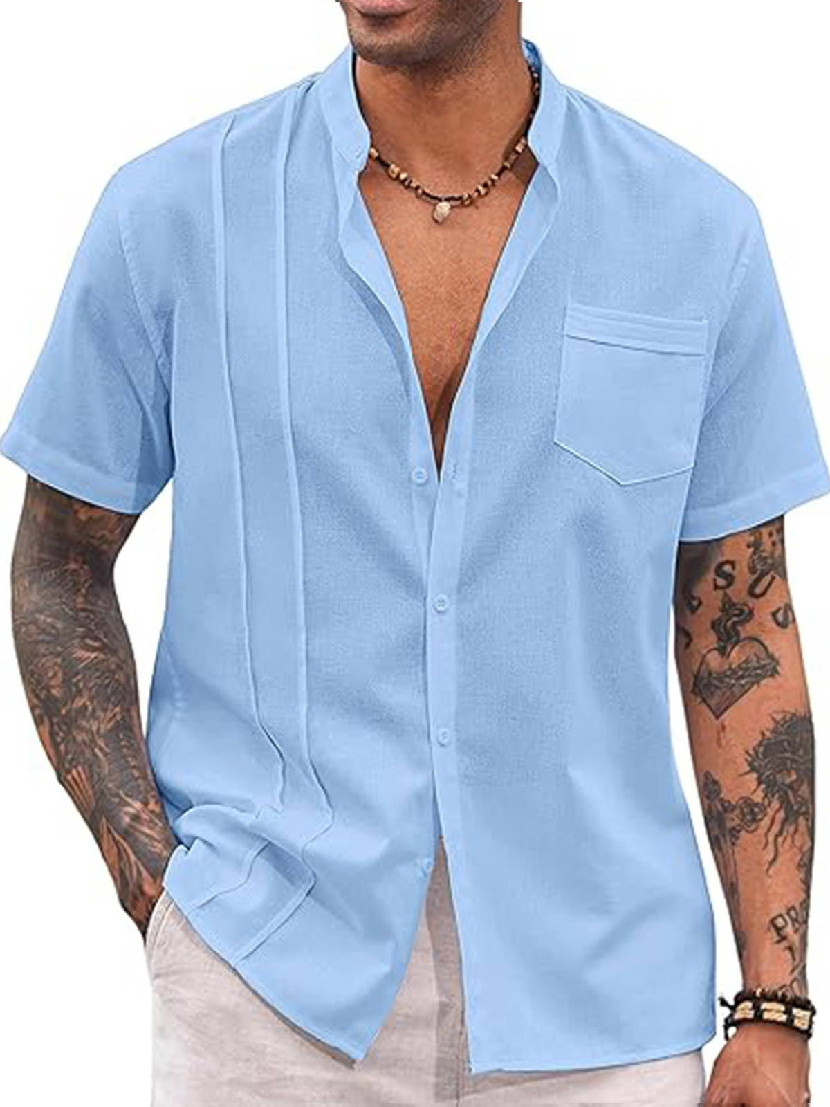 Men's solid color pocket stand collar cotton and linen short-sleeved shirt