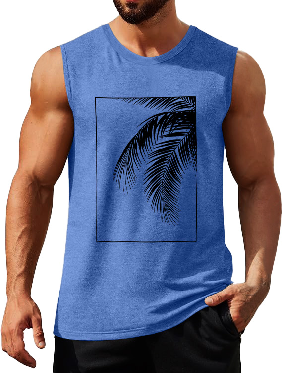 Men's Hawaiian solid color palm leaf print sleeveless tank top
