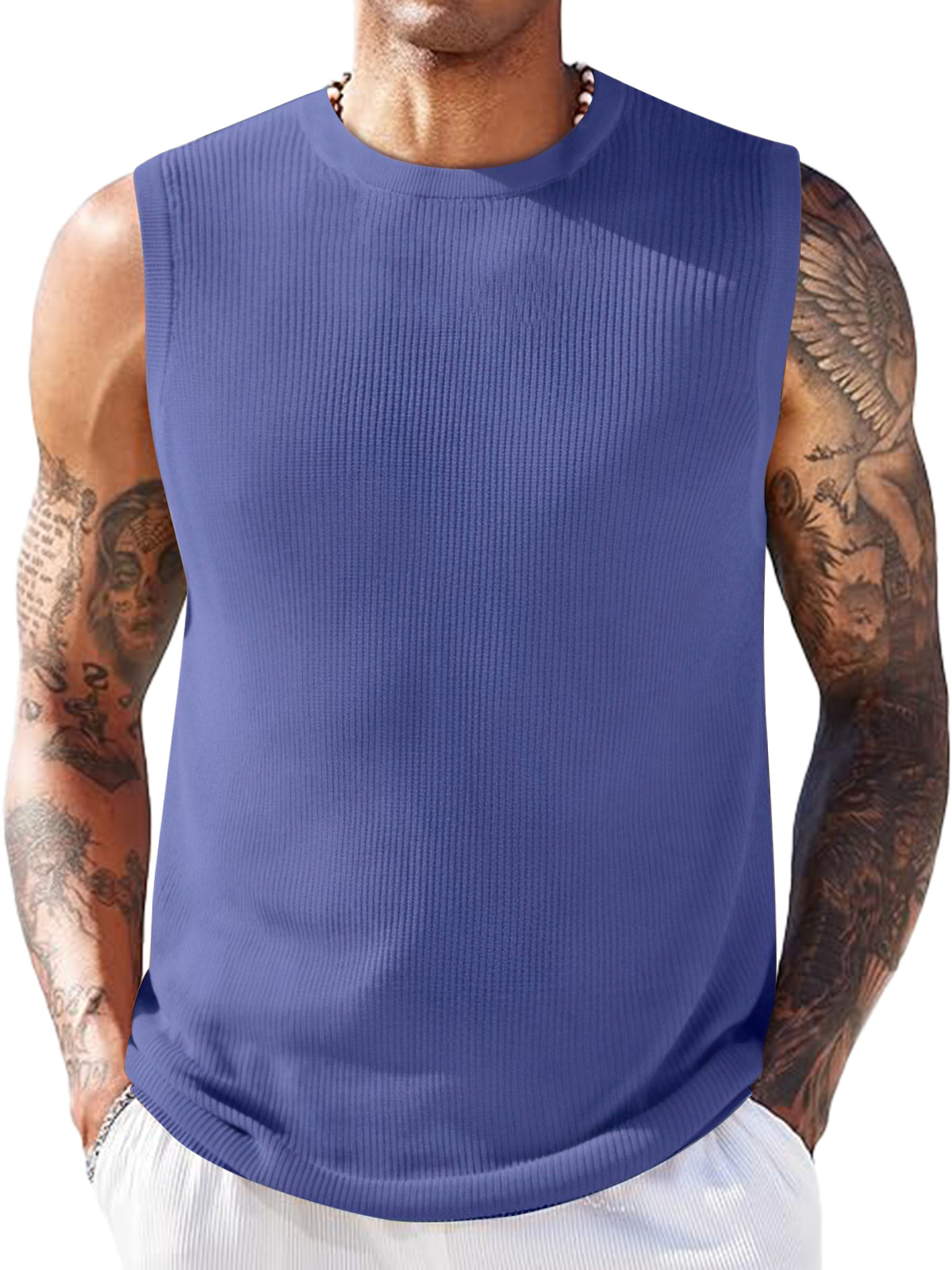 Men's casual round neck solid color pit strip sleeveless vest